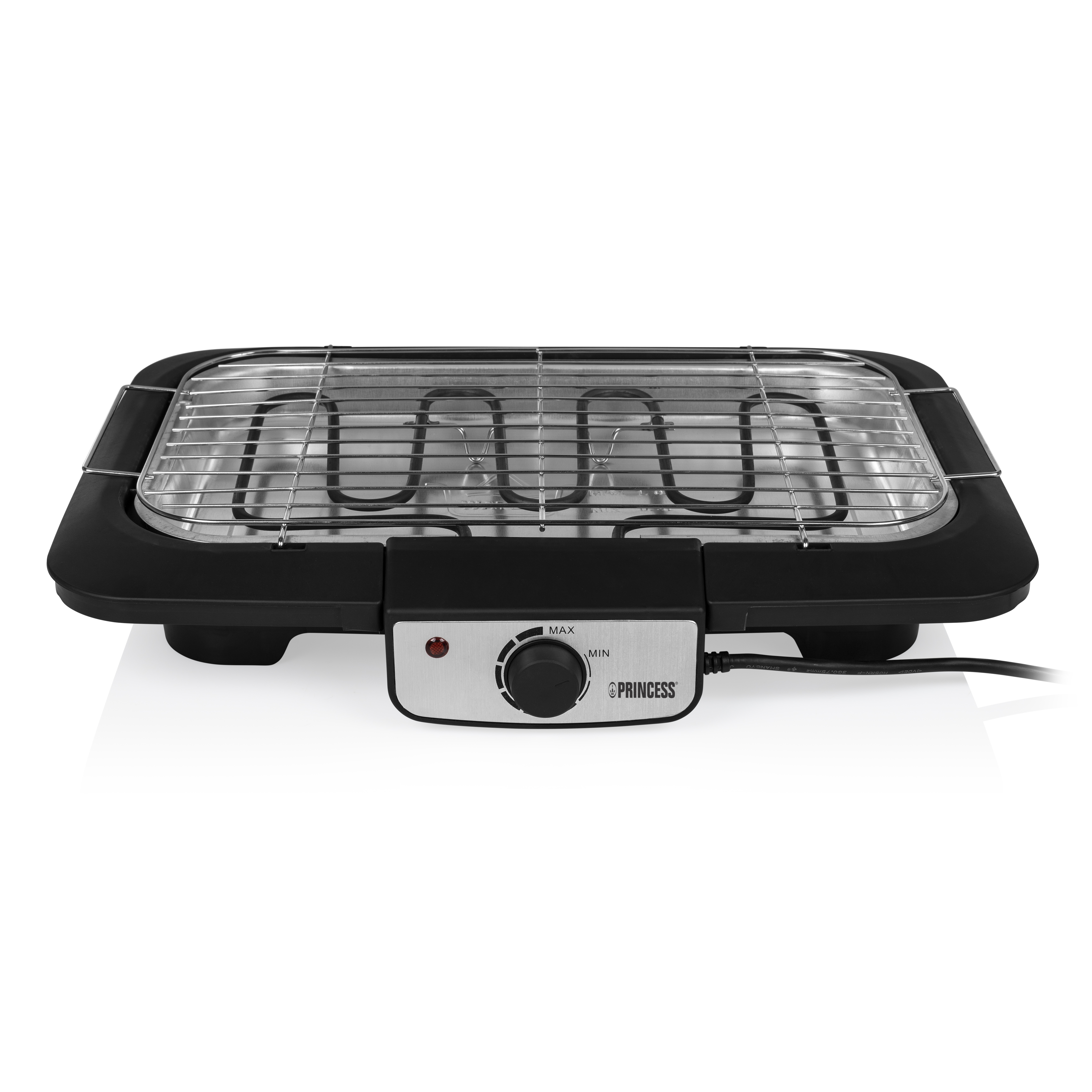 Parrilla eléctrica negra y plateada. Control de temperatura y indicador de encendido.