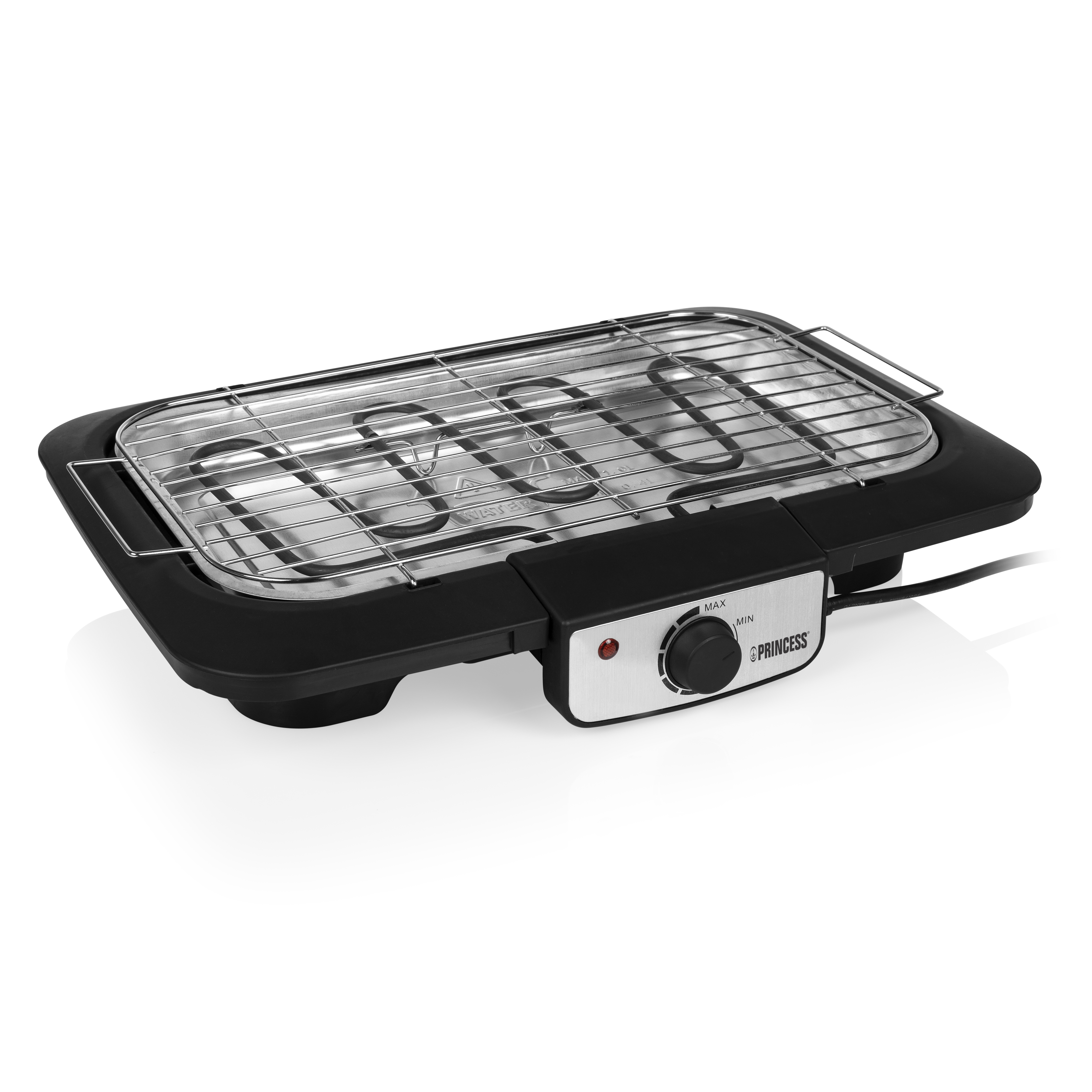Parrilla eléctrica negra con rejilla metálica y perilla de control de temperatura.