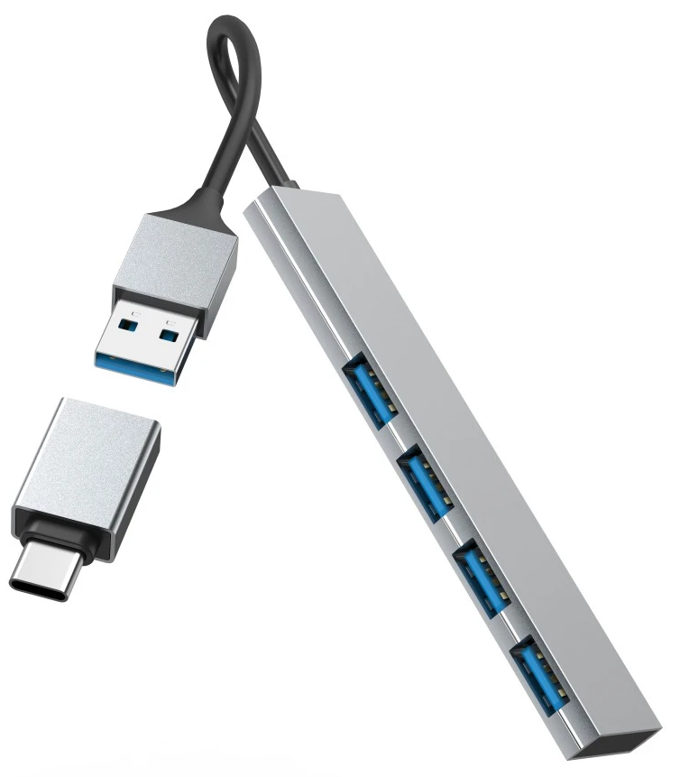 Egy ezüst USB hub USB és USB-C csatlakozókkal, több USB portot mutatva.