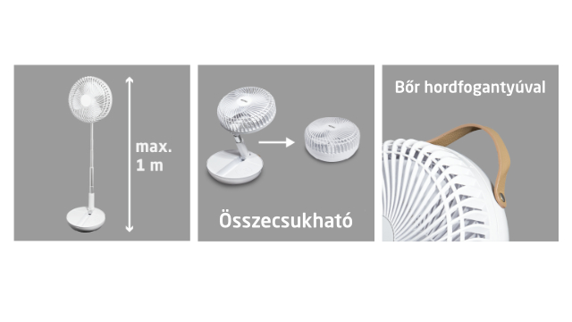 Fehér ventilátor, 1 m-ig állítható magasság, összecsukható, közelkép a fogantyúról.