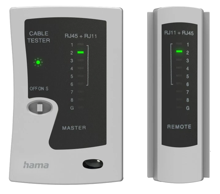 Kábelteszter RJ45/RJ11 és RJ11+RJ45 szakaszokkal. A zöld fények jelzik a kapcsolatokat. Fehér háttér.