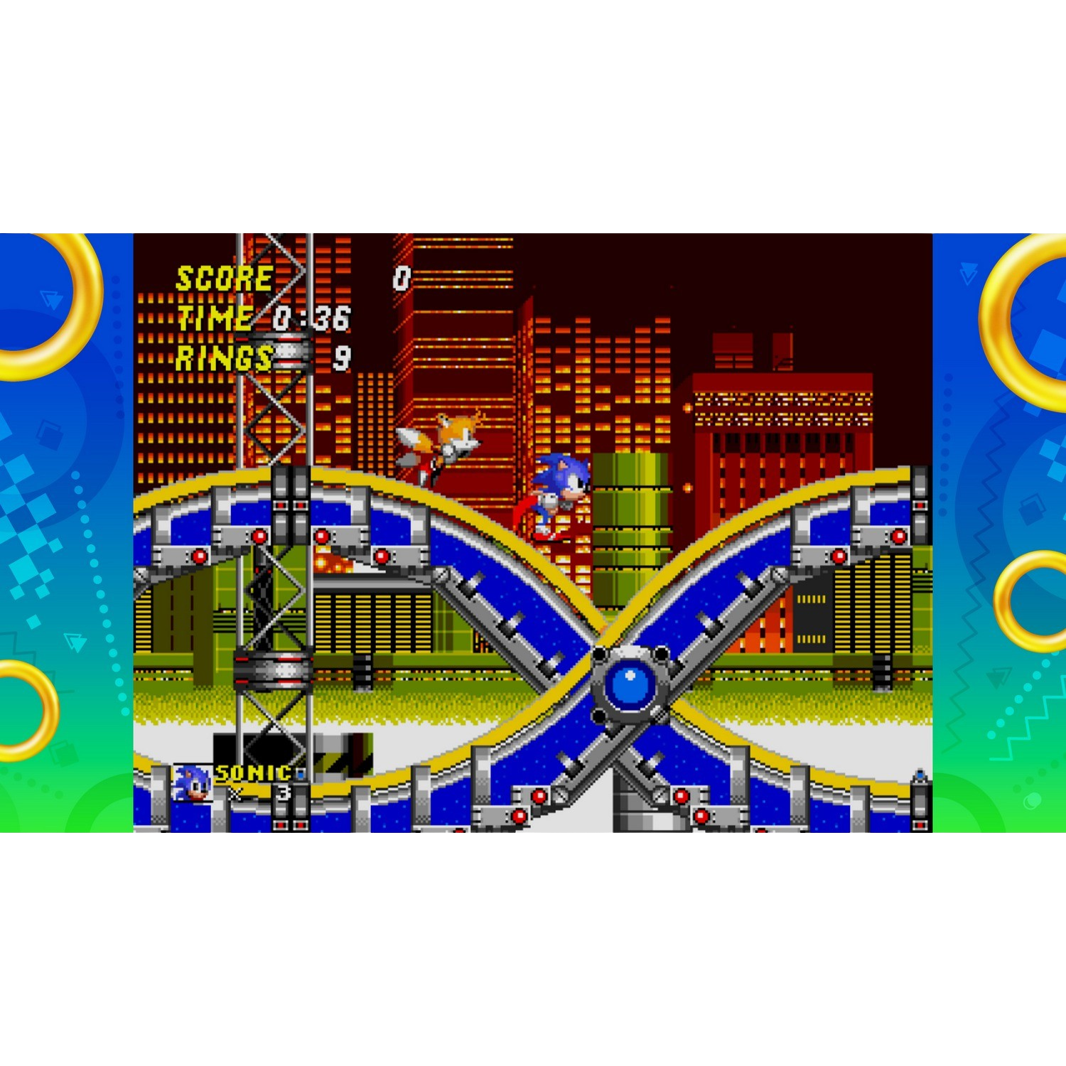 Sonic game scene. Sonic runs on a platform. City background, rings, and time display.