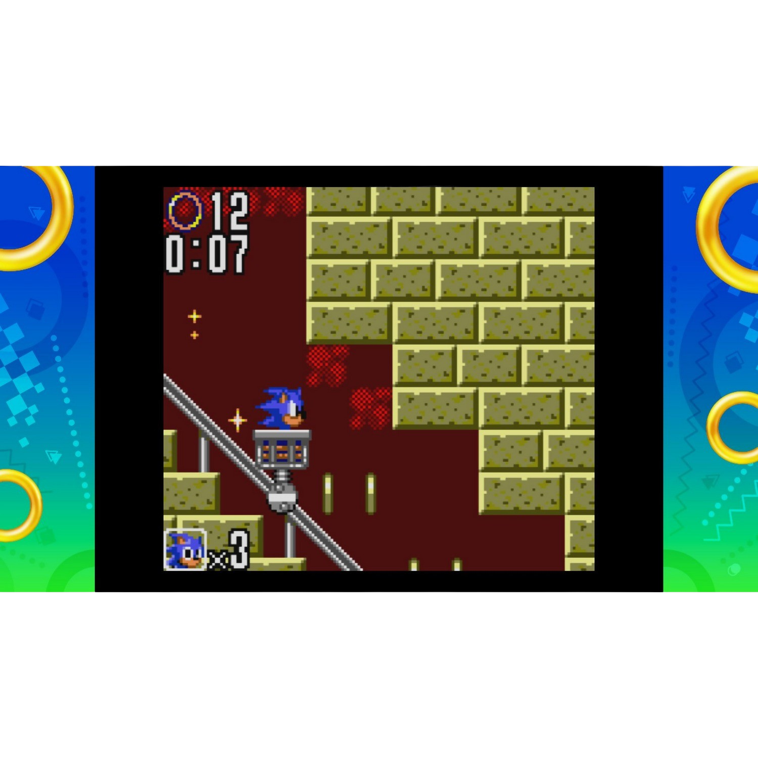 Sonic the Hedgehog game on a handheld device. The game is on a brick background. Blue and green borders.