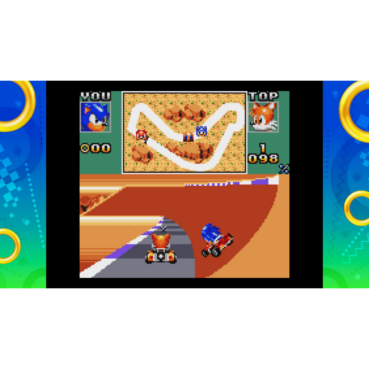 Sonic game screen with a race track, showing Sonic and Tails characters.