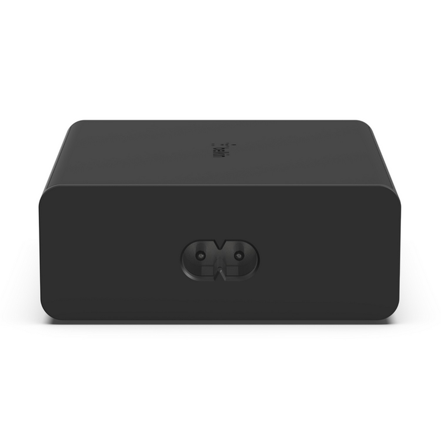 Rectangle noir avec une entrée d'alimentation, le logo Belkin et un fond blanc.