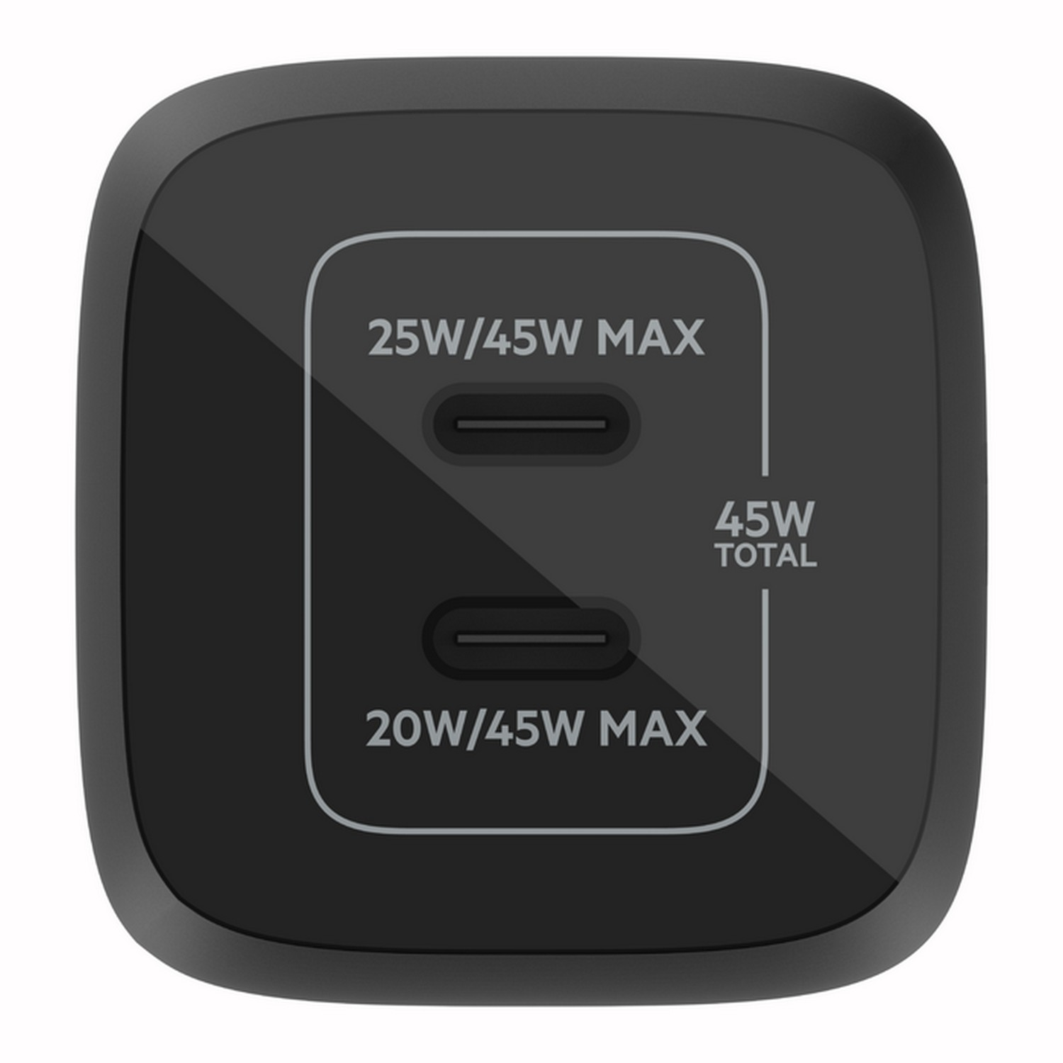 Adaptateur de charge noir avec deux ports USB-C, étiqueté en watts.