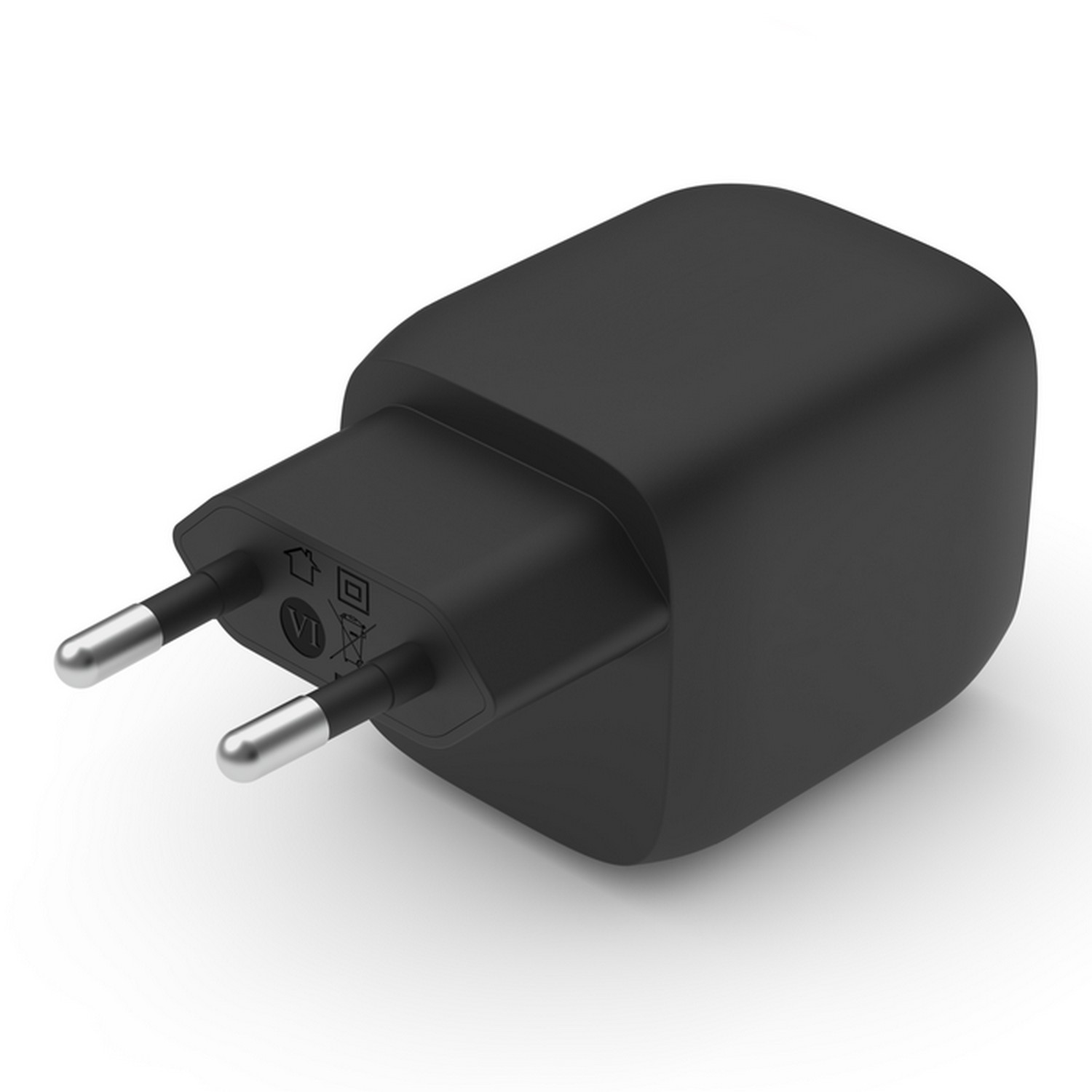 Chargeur noir avec deux broches argentées, un symbole VI et fond blanc.