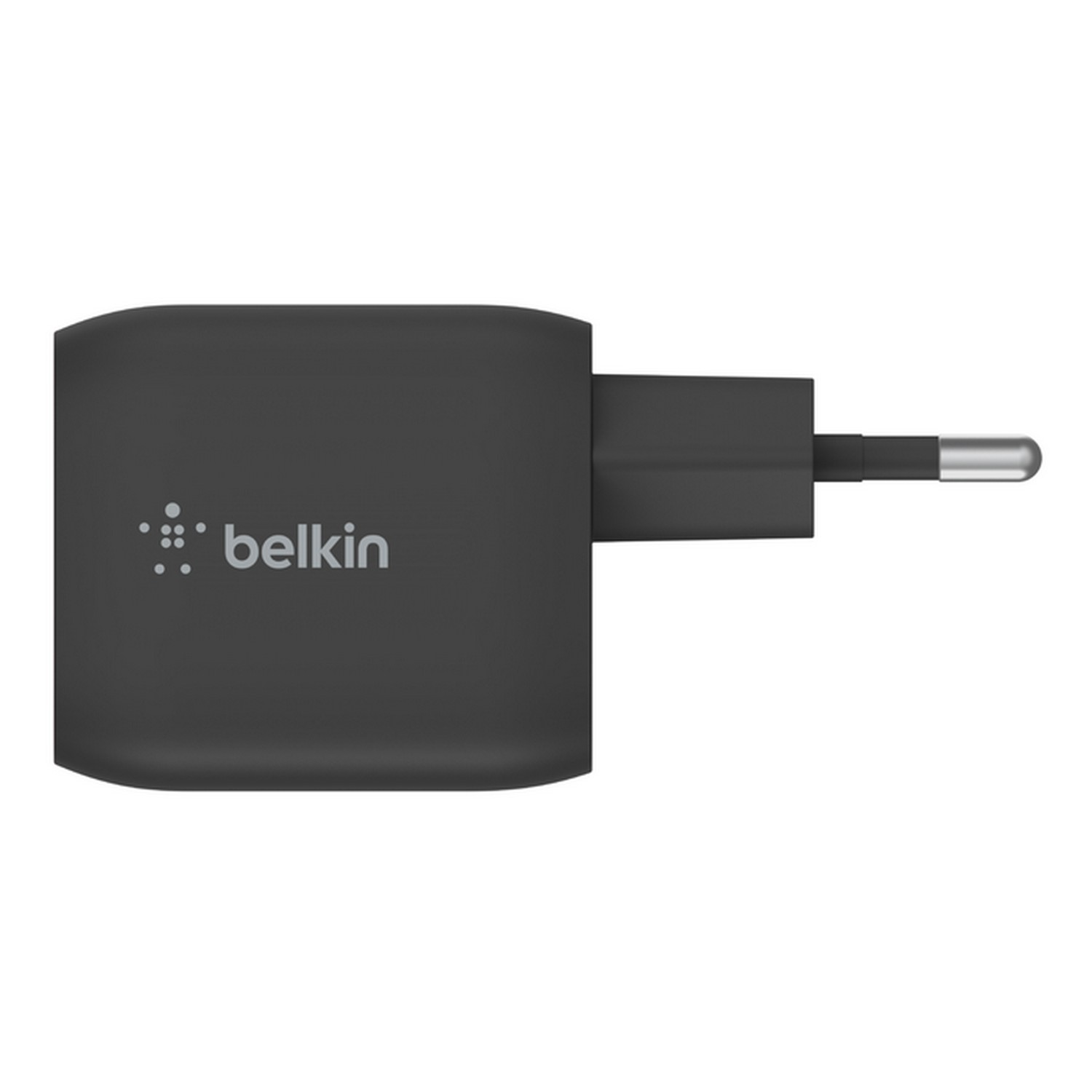 Chargeur Belkin noir avec prise et lettrage blanc de la marque.