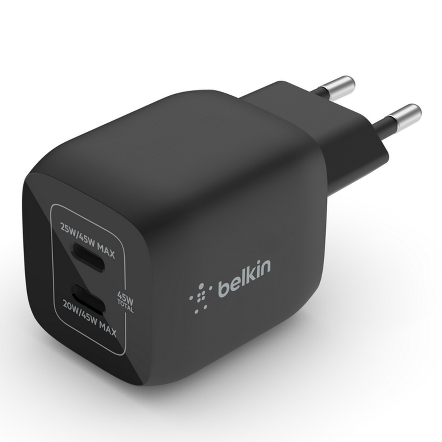 Chargeur Belkin noir avec deux ports et prises. Fond blanc avec texte.