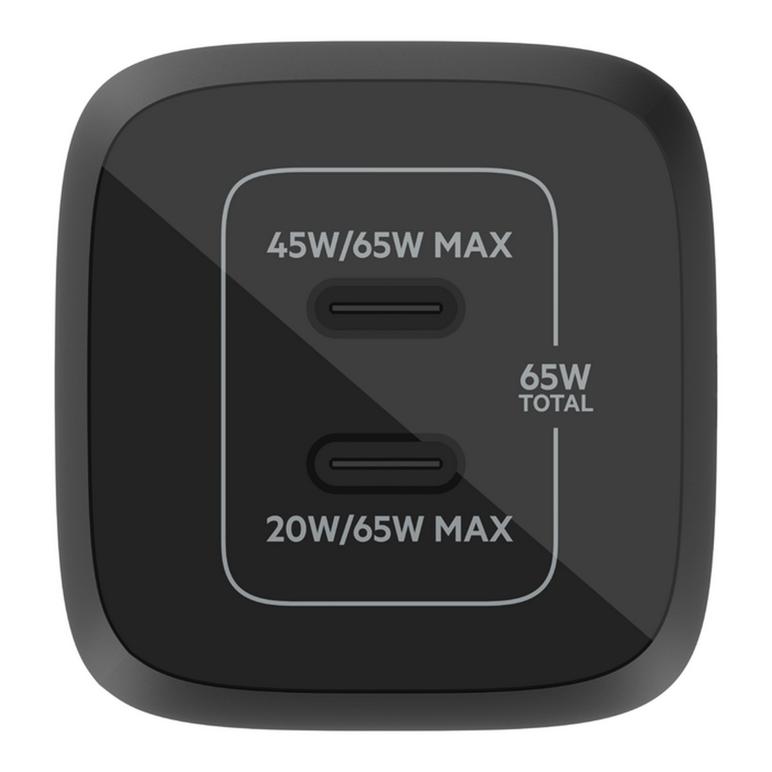 Adaptateur secteur noir avec deux ports USB-C, affichant des informations sur la puissance.