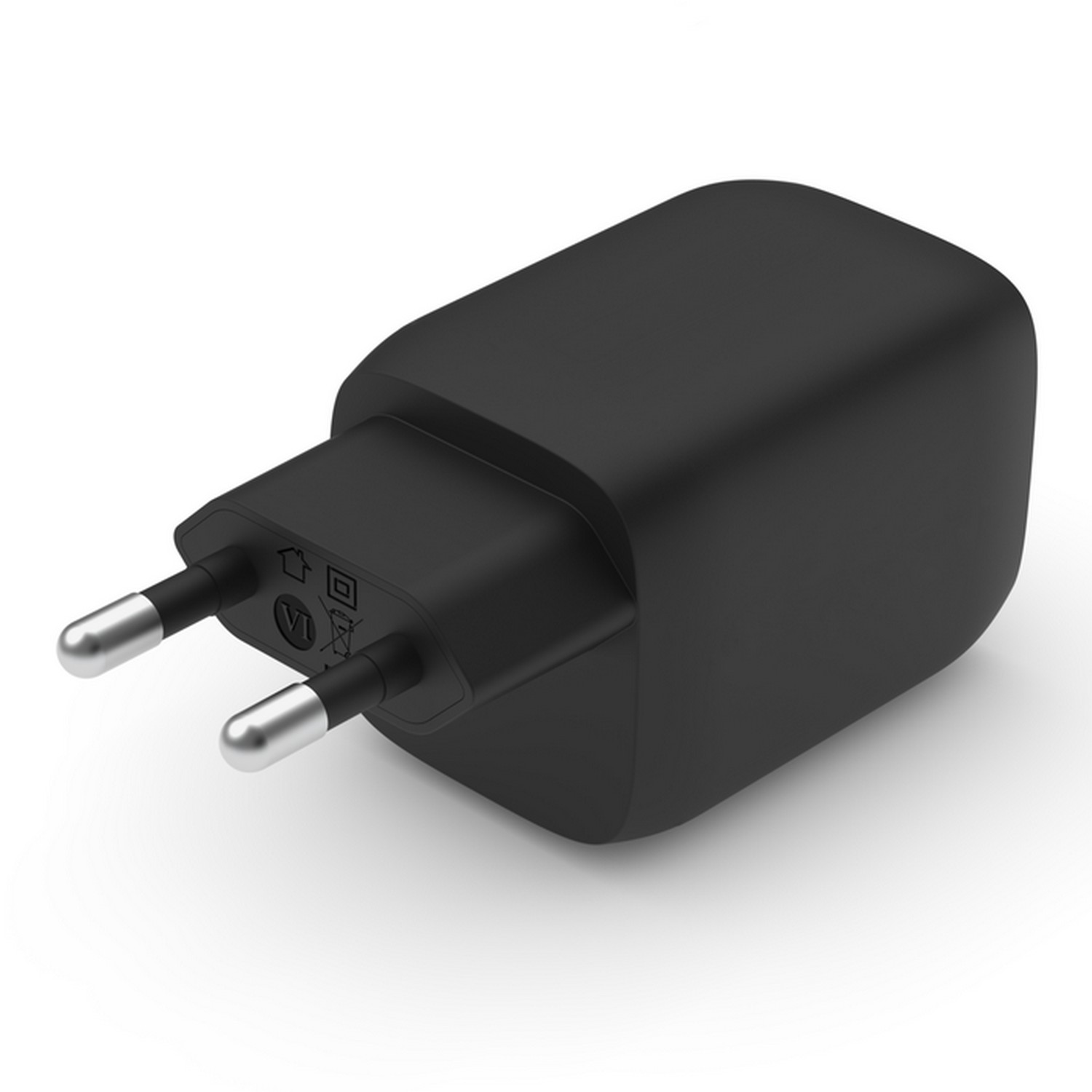 Un adaptateur de prise noir avec des broches argentées.