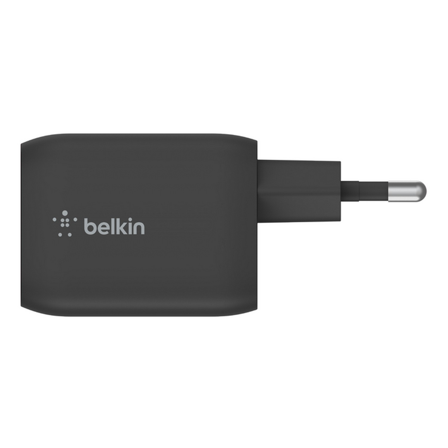 Chargeur Belkin noir avec prise. Le logo Belkin est visible.