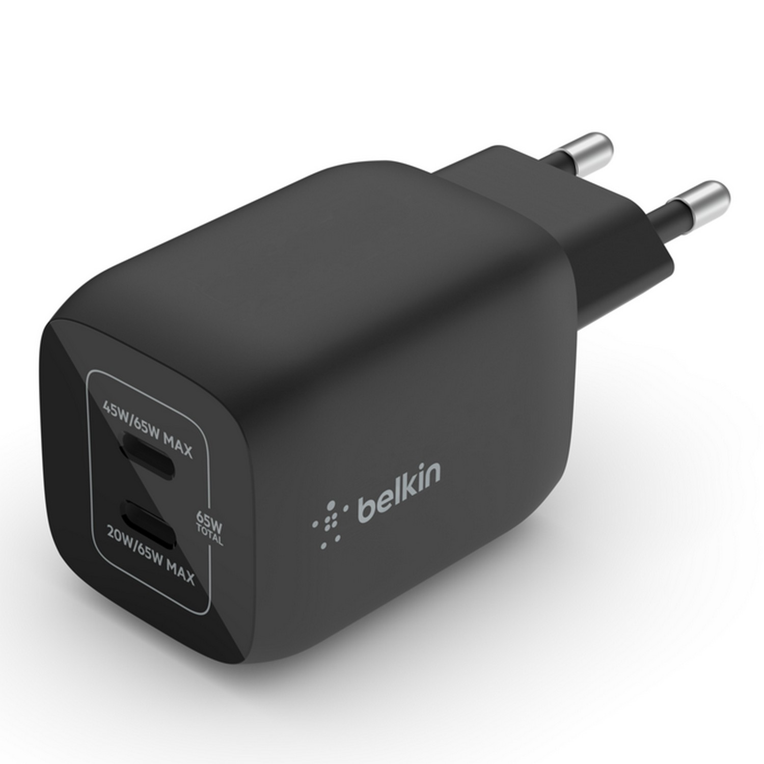 Chargeur Belkin noir avec deux broches, affichant les informations de puissance.