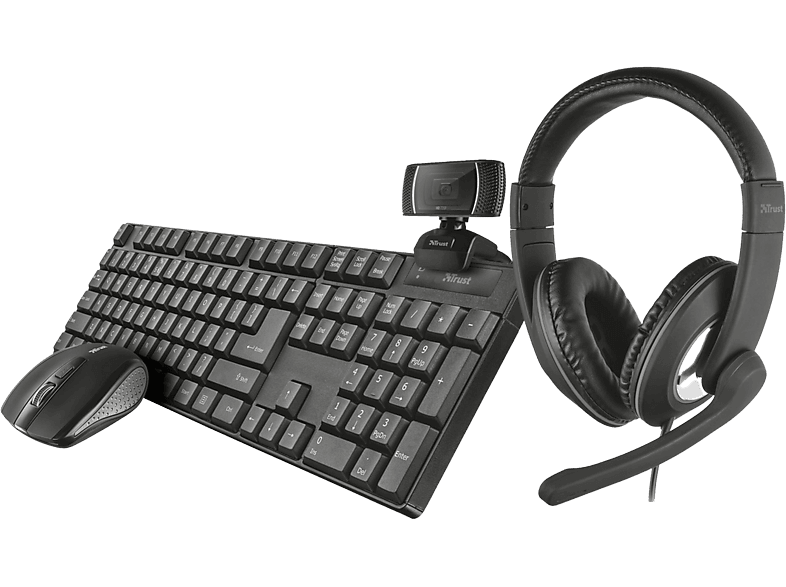 Trust Bundel Draadloos Toetsenbord + Draadloze Muis Webcam Headset Azerty Zwart (24281)