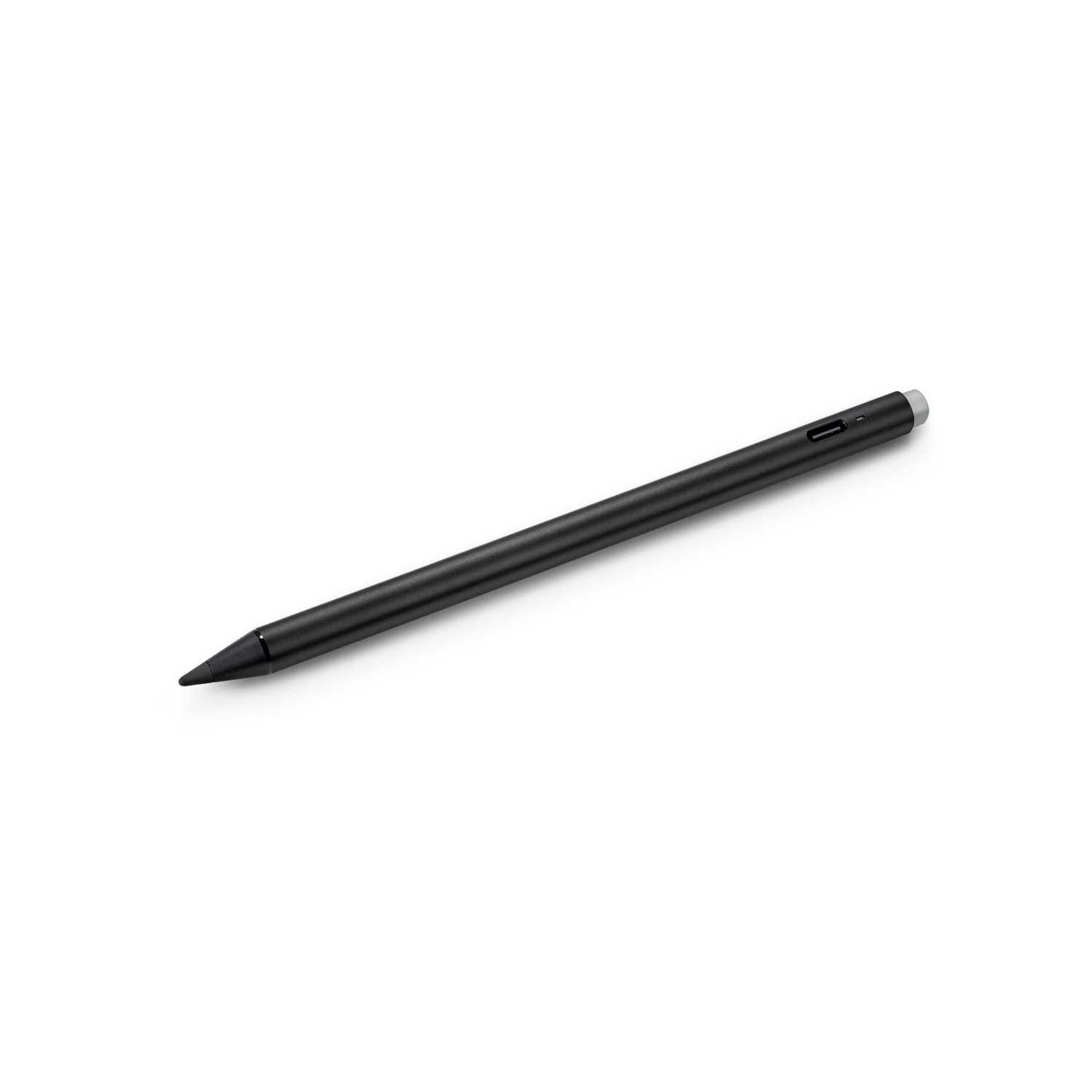 Un stylet noir fin avec une pointe argentée, placé sur un fond blanc.