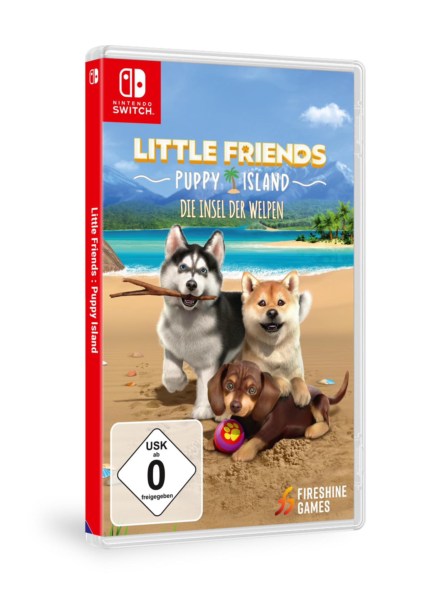 Spielcover: Drei Hunde am Strand. Der Titel lautet 'Little Friends Puppy Island'.
