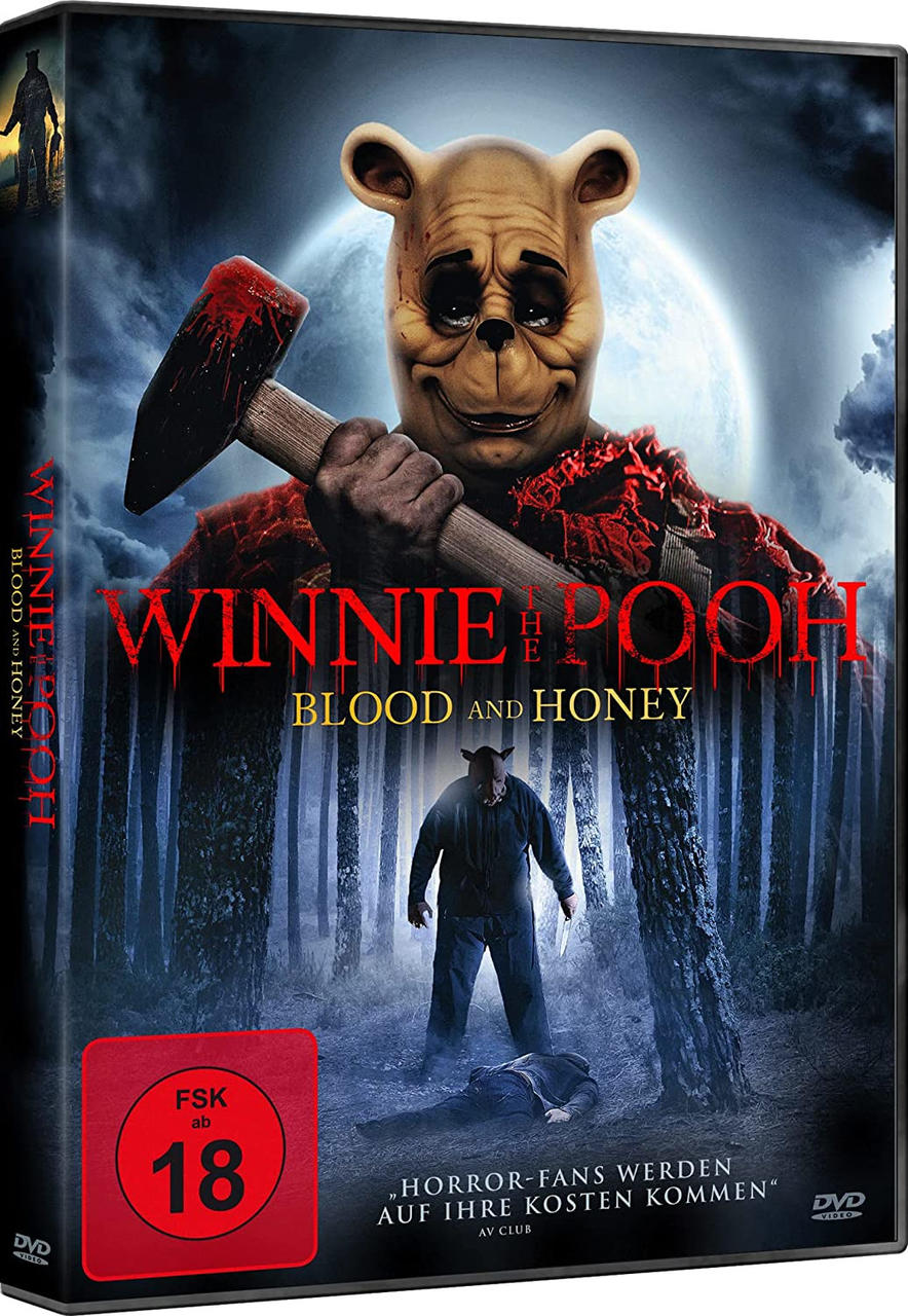 DVD-Cover für Winnie the Pooh: Blood and Honey. Mit einem gruseligen Pooh und einer Waldszene.