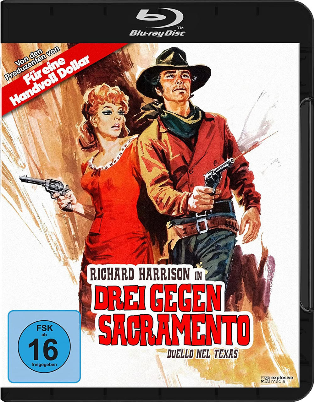 Filmcover: Cowboys mit Waffen, Frau in rotem Kleid, Titel auf Deutsch.