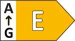 Energieeffizienzlabel mit einer Skala von A bis G, wobei der Pfeil auf E zeigt.