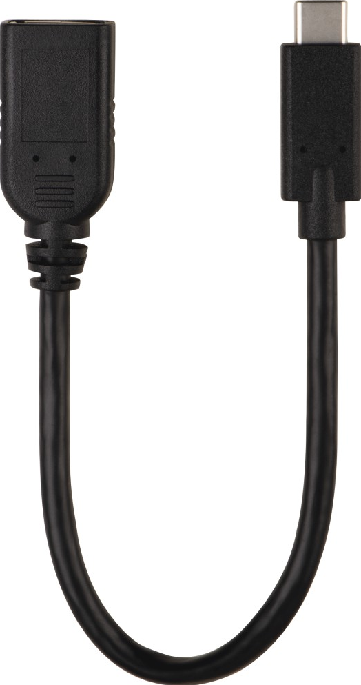 Cavo adattatore da USB-C a USB-A nero con un connettore a ciascuna estremità.