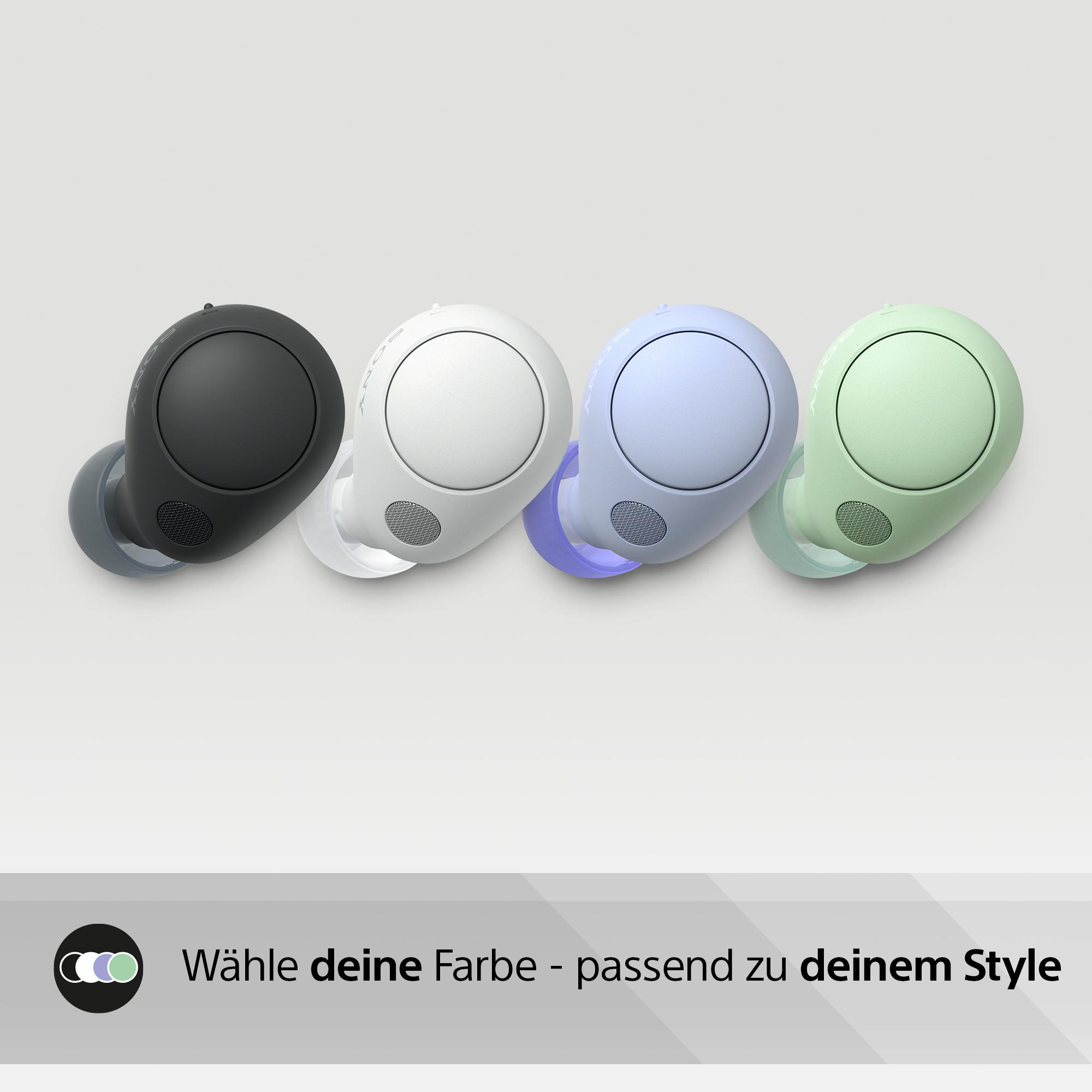 Vier kabellose Ohrhörer in verschiedenen Farben: Schwarz, Weiß, Blau und Grün.