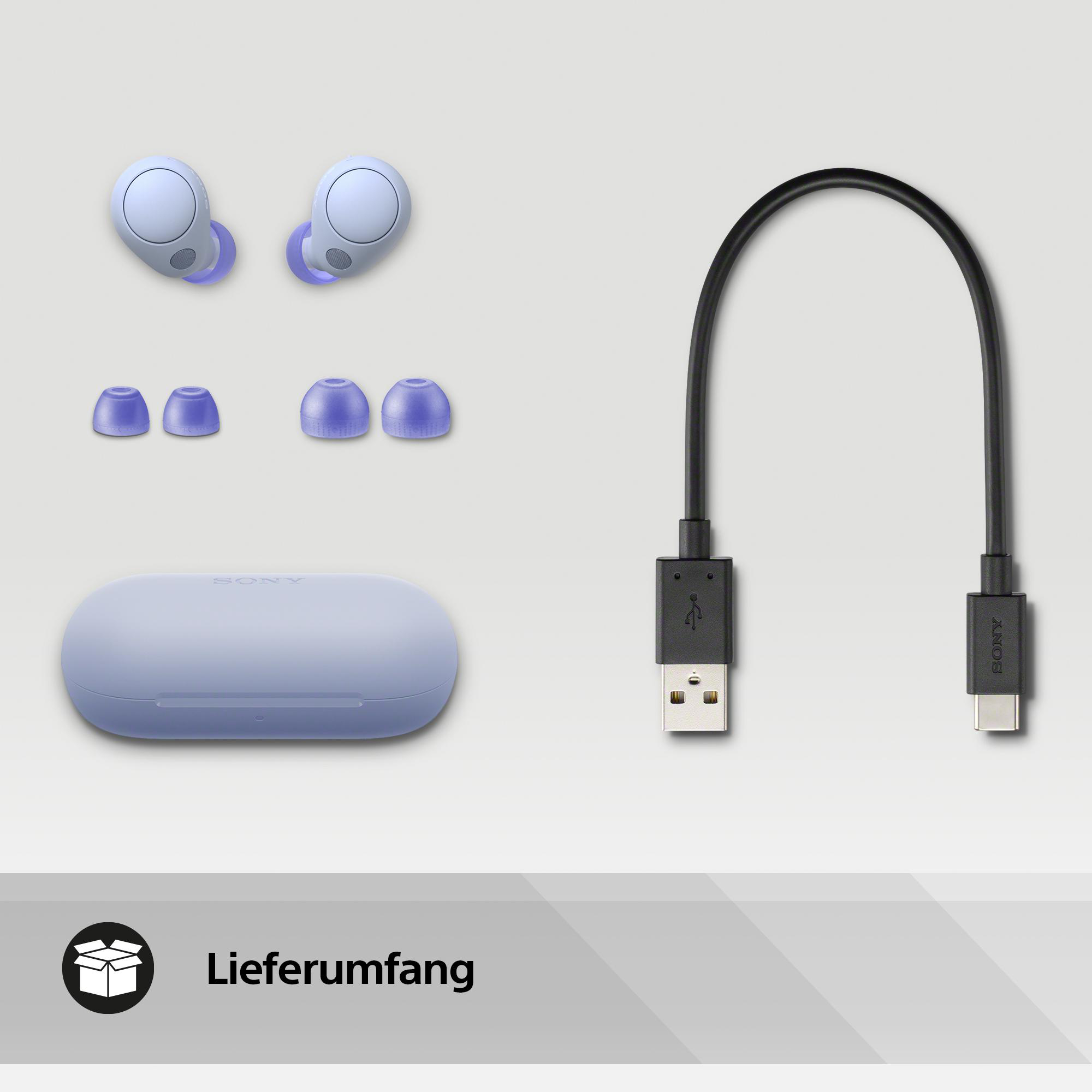 Ohrhörer, Ladeetui und ein USB-Kabel, alles in hellblauer Farbe.
