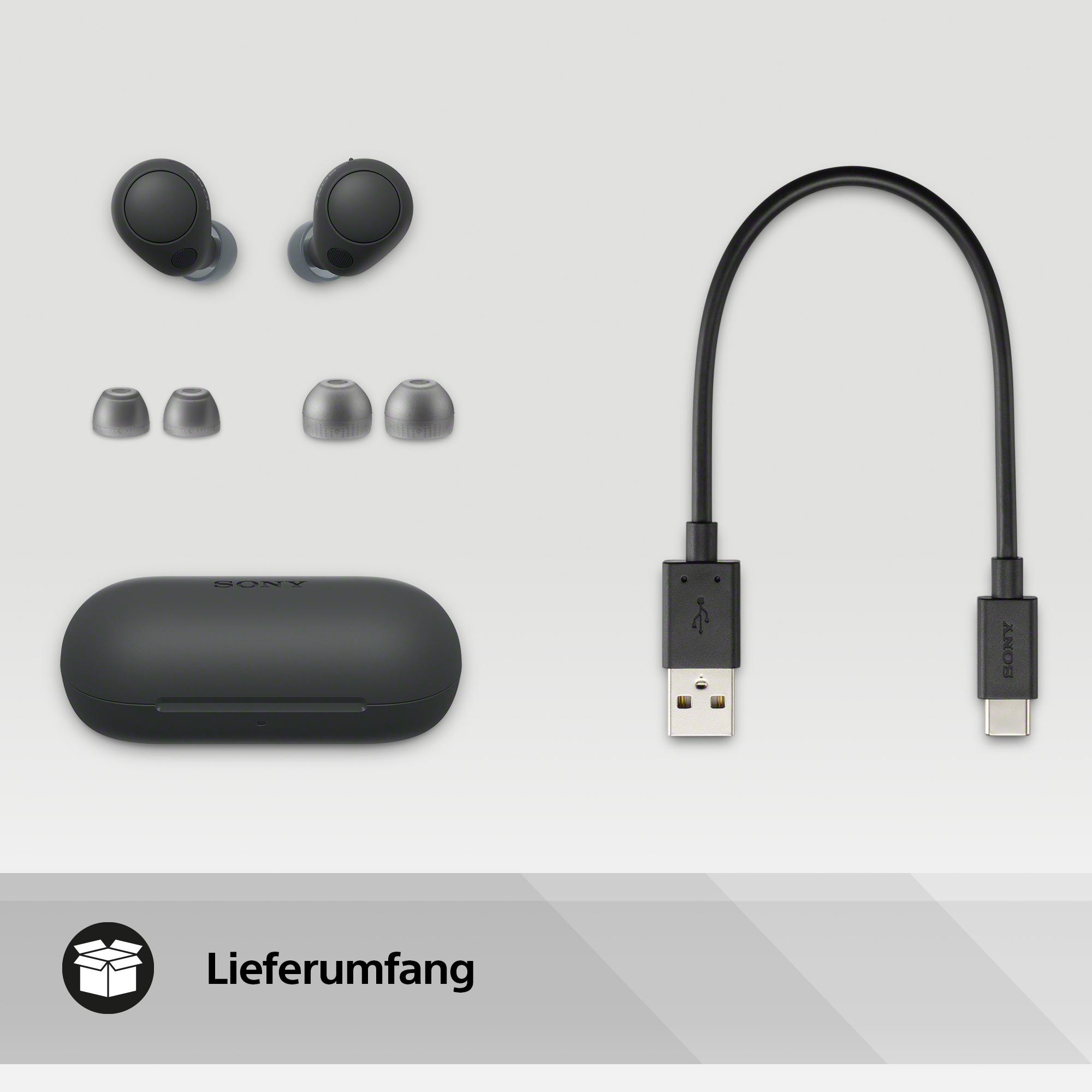 Ohrhörer, Ladecase und USB-Kabel, angeordnet auf weißer Oberfläche vor weißem Hintergrund.