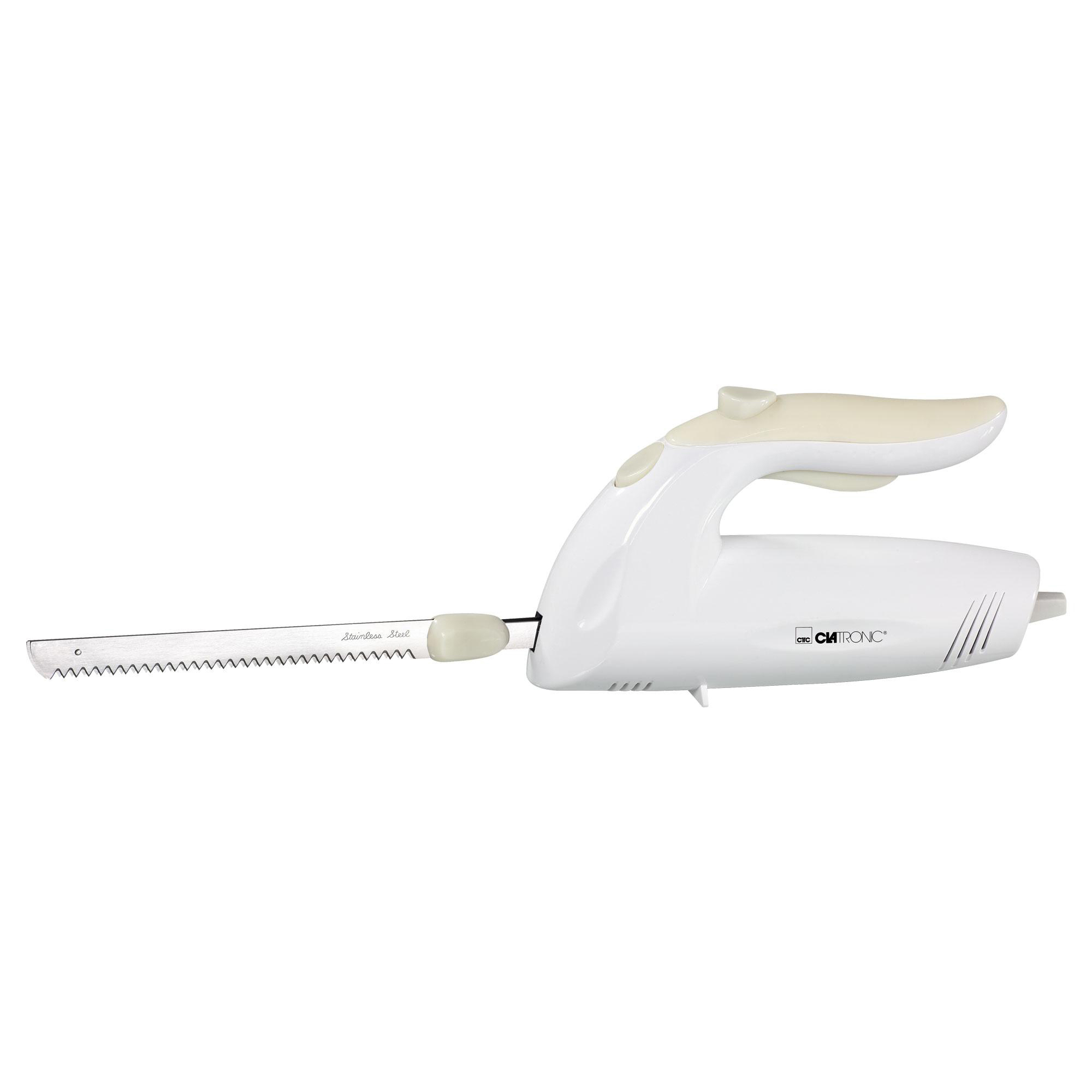 Weißes elektrisches Messer von Clatronic. Silberne Klinge und cremefarbener Griff.
