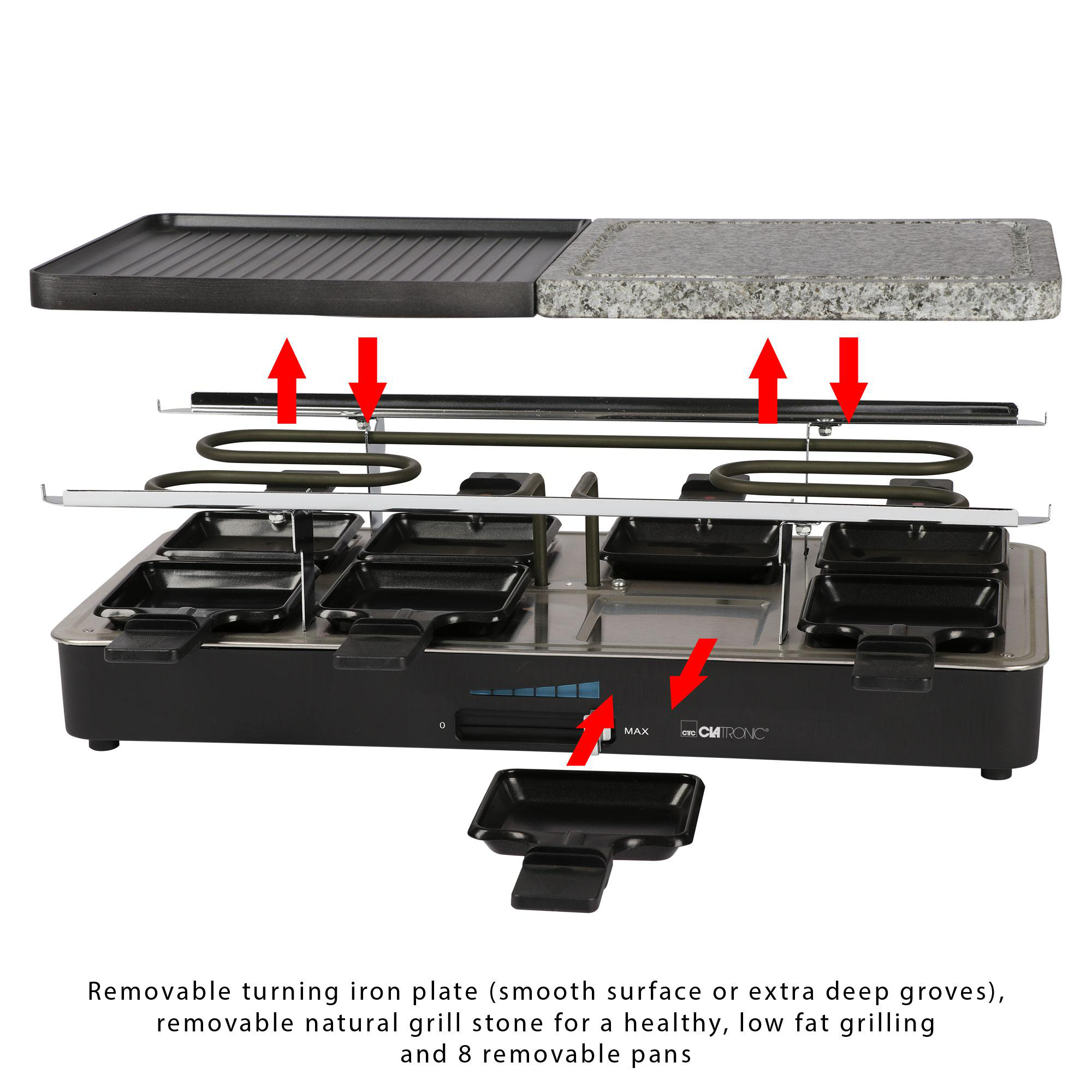 Raclette-Grill mit Eisenplatte, Stein, Heizelementen und Pfannen. Pfeile kennzeichnen abnehmbare Teile. Schwarz-Silber-Design.