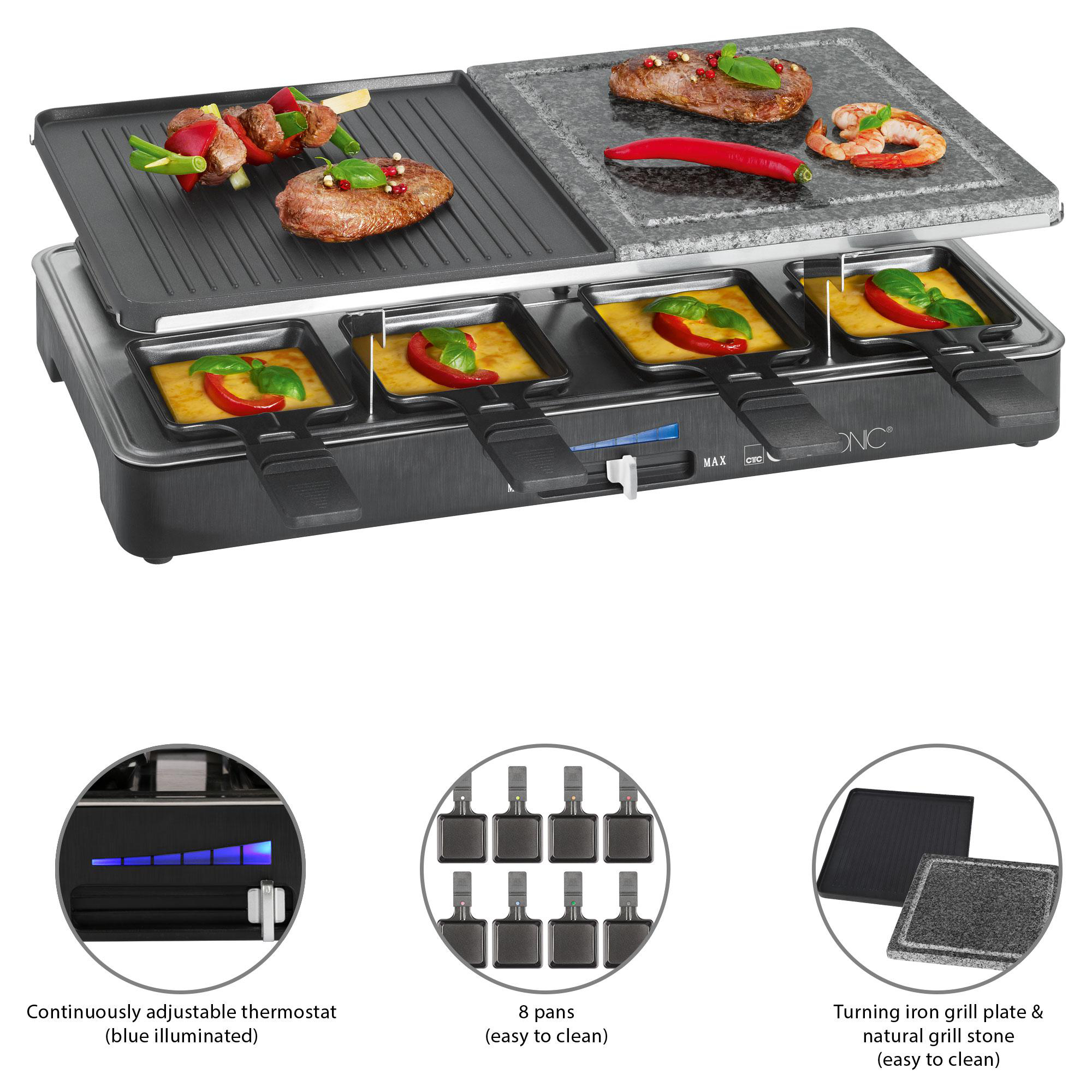 Raclette-Grill mit Grillflächen, Spießen, Fleisch, Garnelen, Käsepfannen und Thermostat. Enthält Grillplatte und Stein.