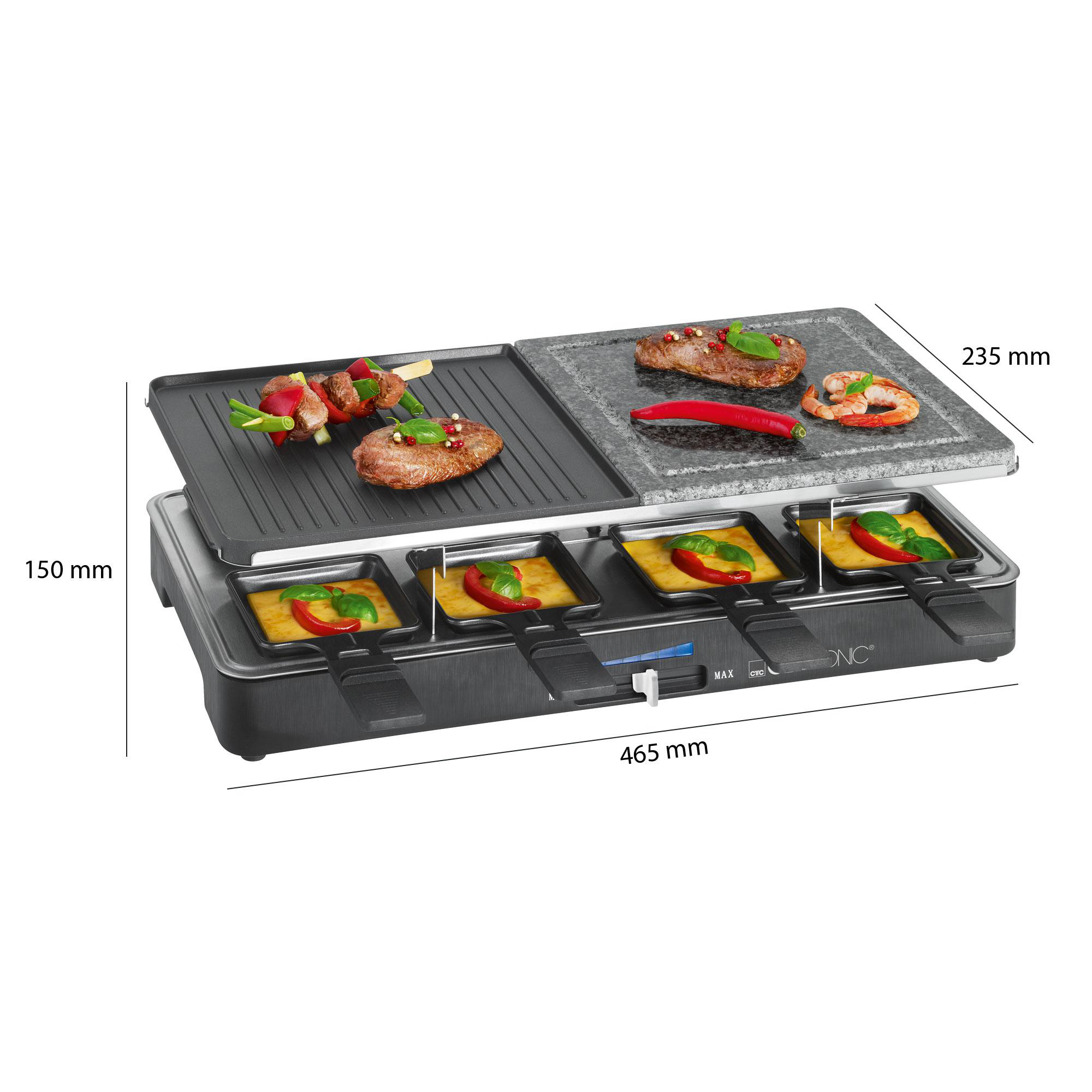 Raclette-Grill mit Essen. Oben Grillplatten und Stein. Unten Käseschalen. Abmessungen sind sichtbar.