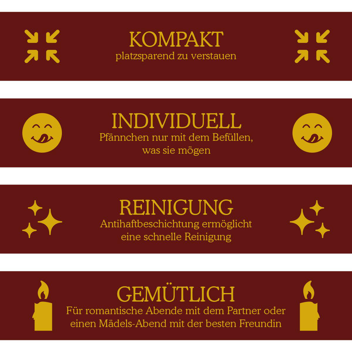 Vier rote und weinrote Textblöcke mit Beschreibungen und Symbolen. Der Text ist deutsch.