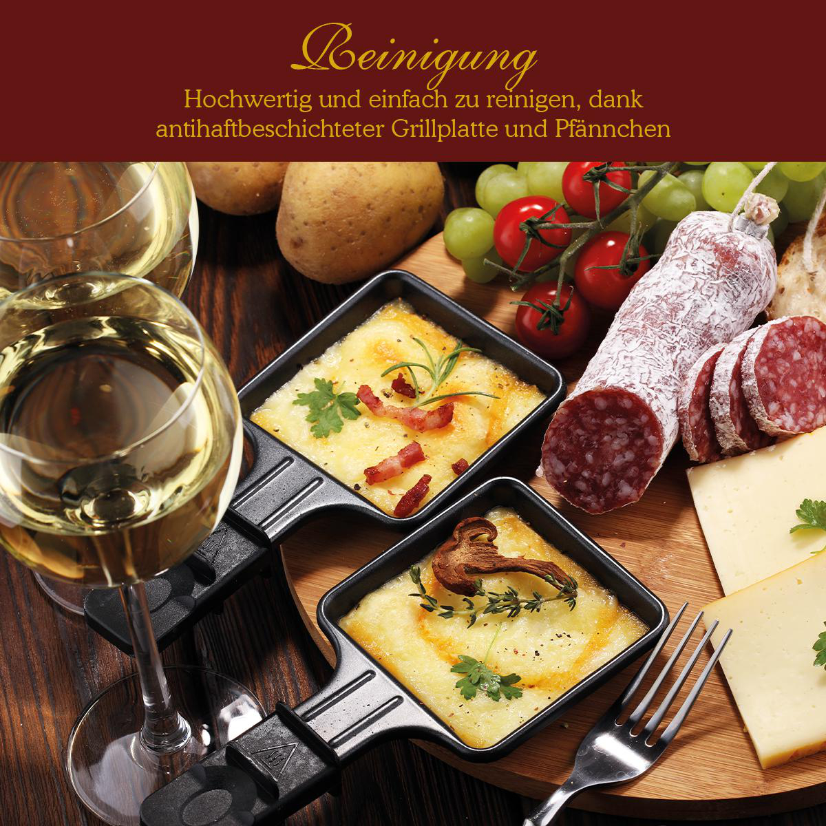 Ein Tisch mit Essen wie Käse, Salami, Tomaten, Trauben und Weingläsern. Oben steht ein Text.