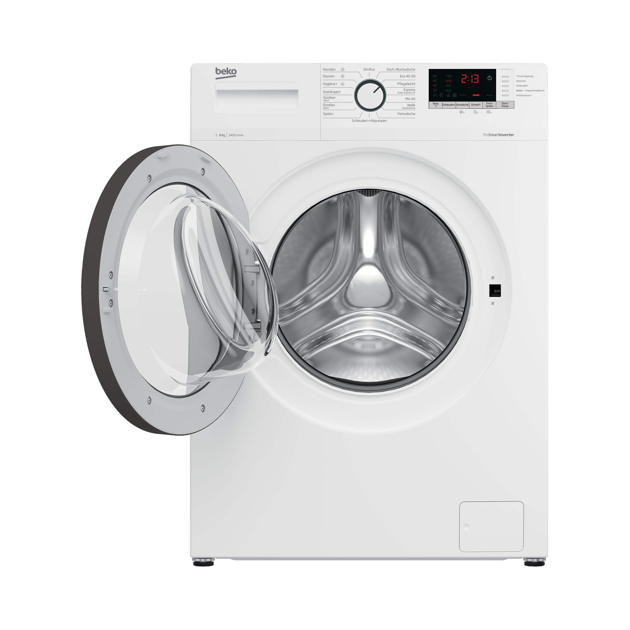 Weiße Waschmaschine mit geöffneter Tür, Trommel und Bedienfeld sichtbar.