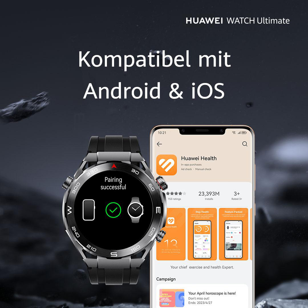 Eine Smartwatch und ein Telefon mit der Huawei Health App. Die Uhr zeigt eine erfolgreiche Kopplung. Dunkler Hintergrund.