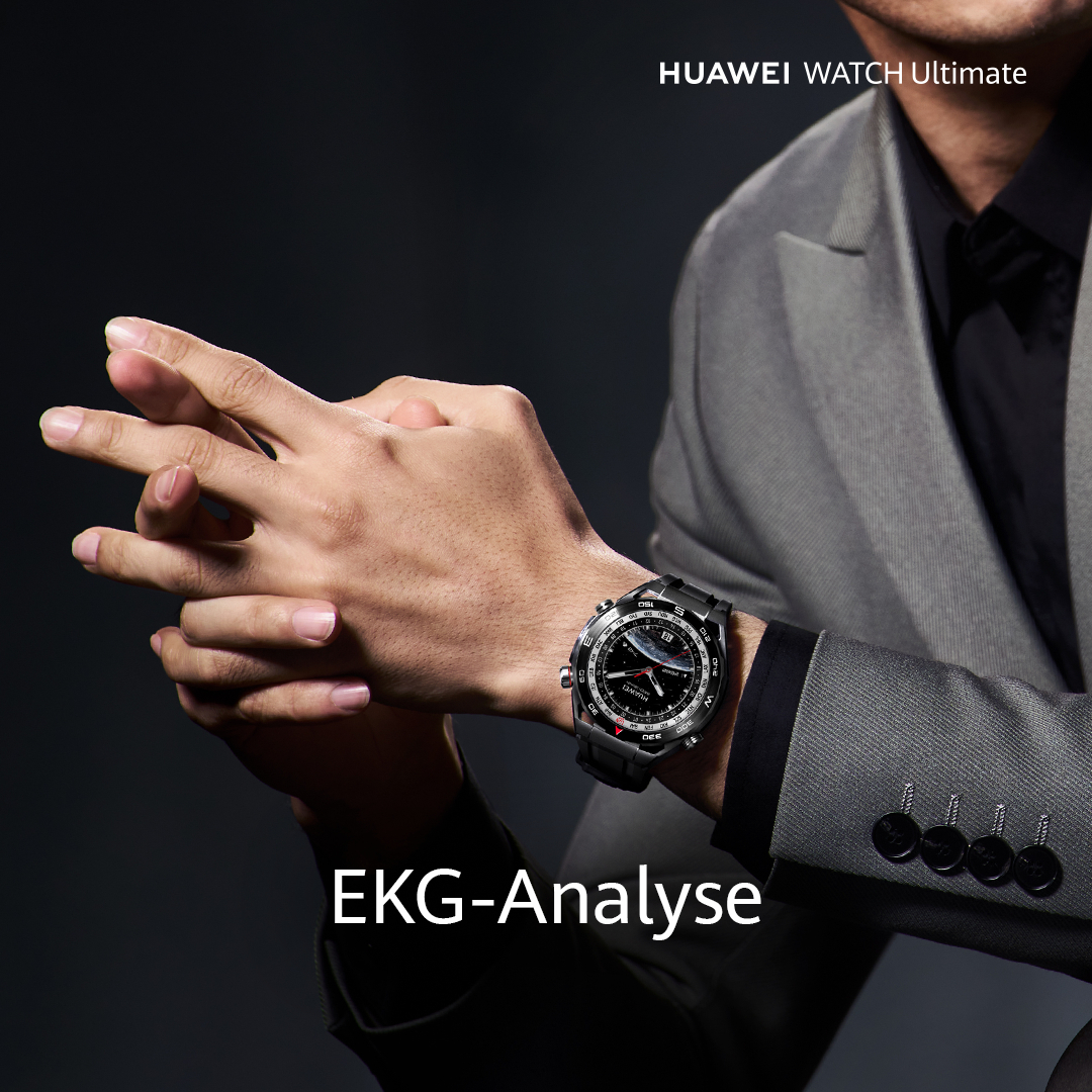 Eine Person, die eine Smartwatch mit EKG-Analyse-Overlay trägt.