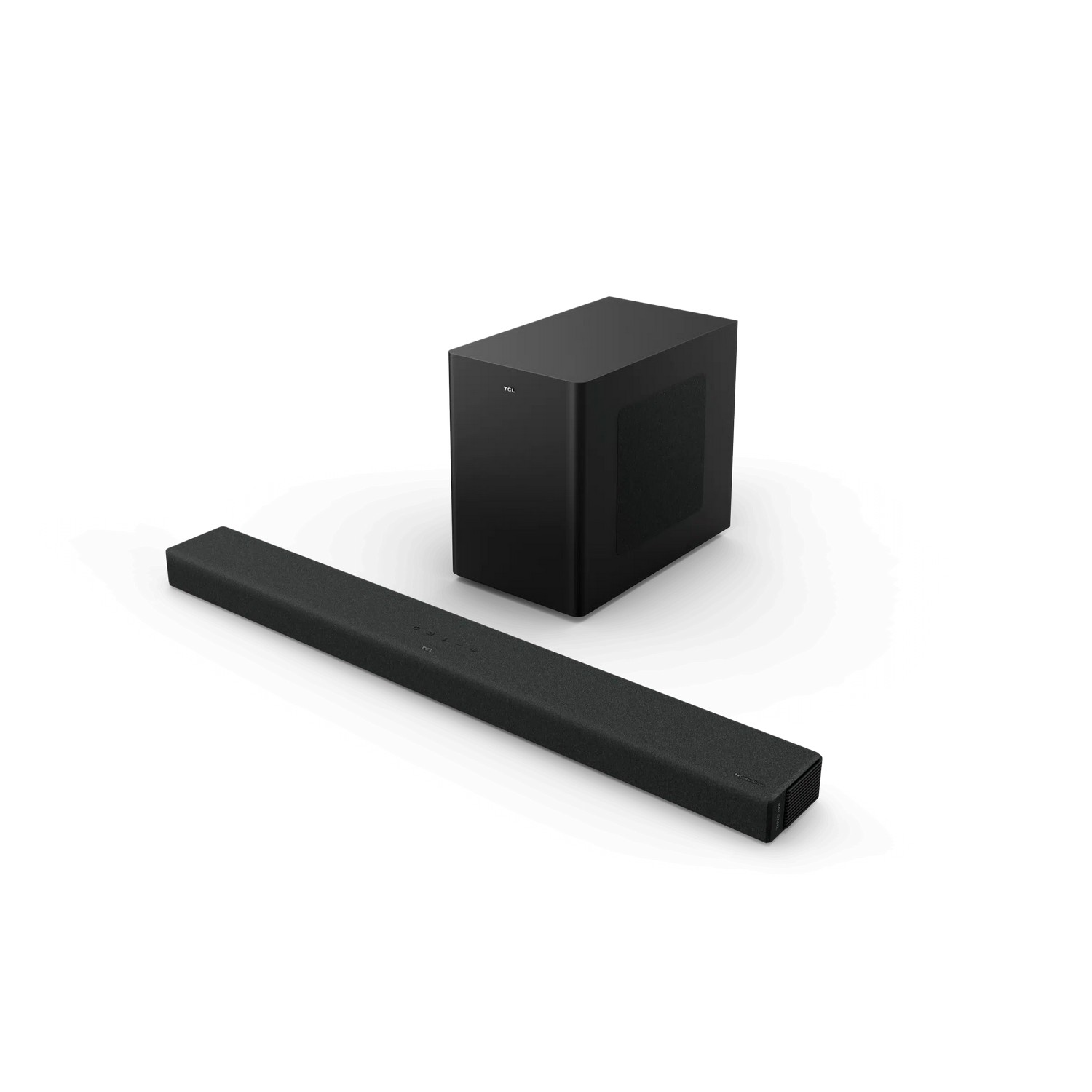 Ensemble barre de son et caisson de basses noirs. Marque TCL.