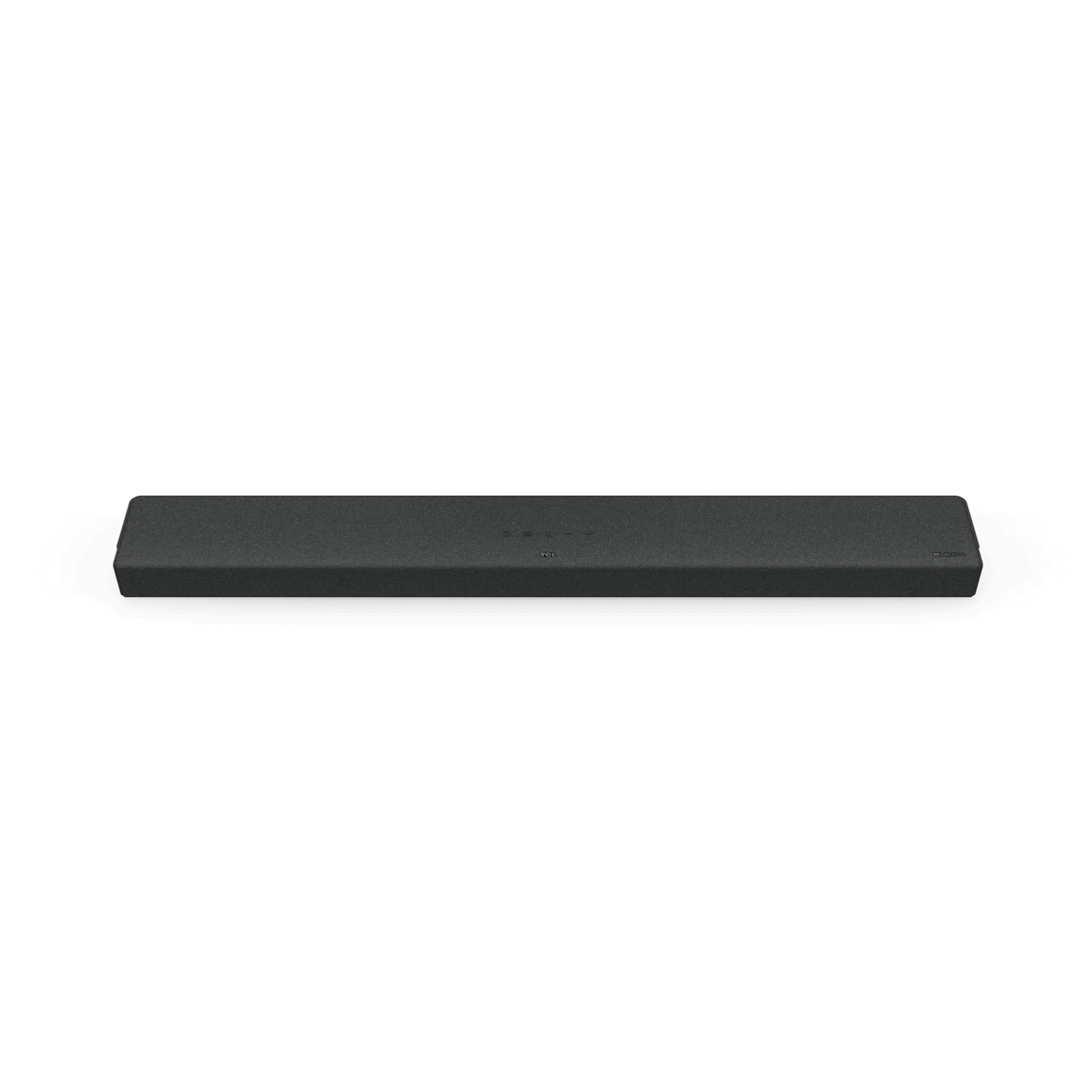 Barre de son noire sur fond blanc, avec un design simple.