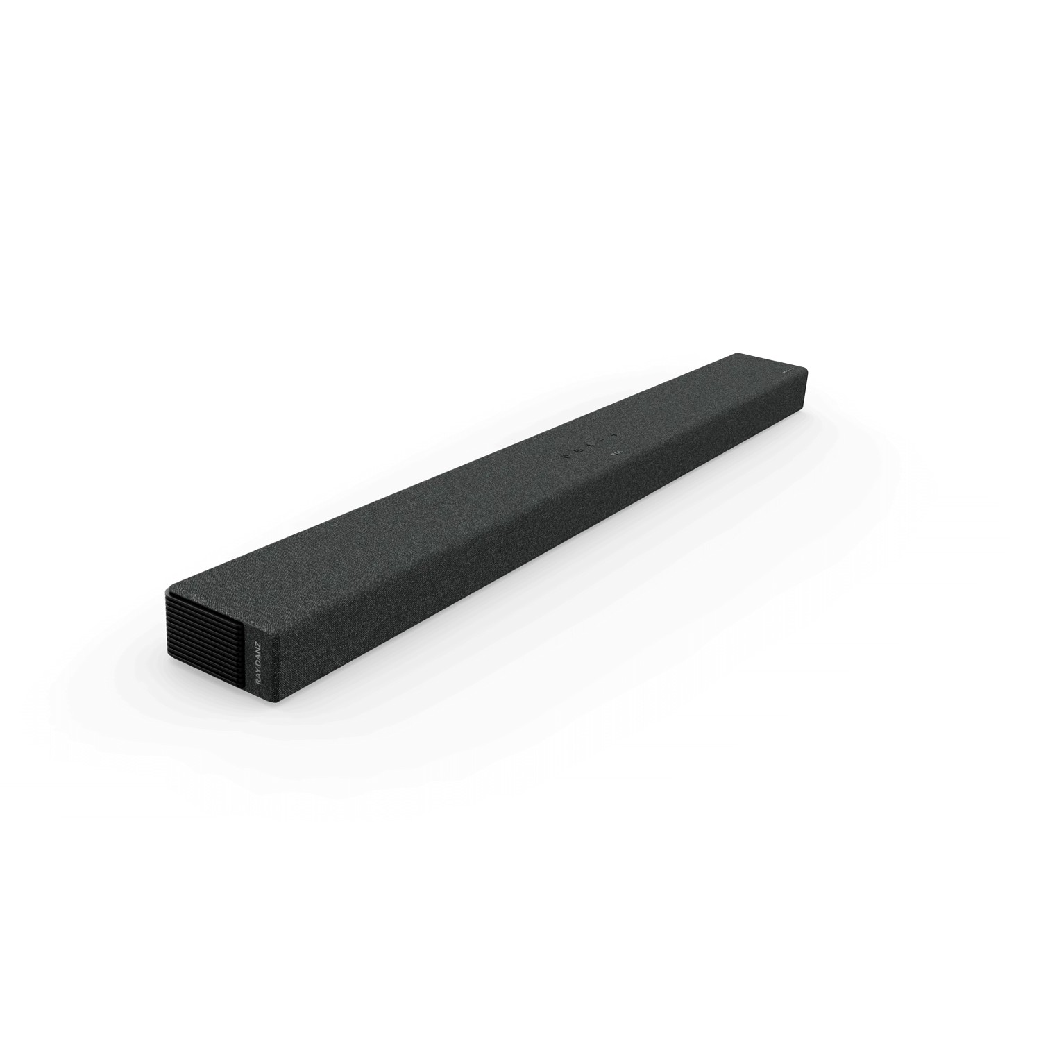 Une longue barre de son gris foncé sur une surface blanche. Le haut-parleur est à gauche.