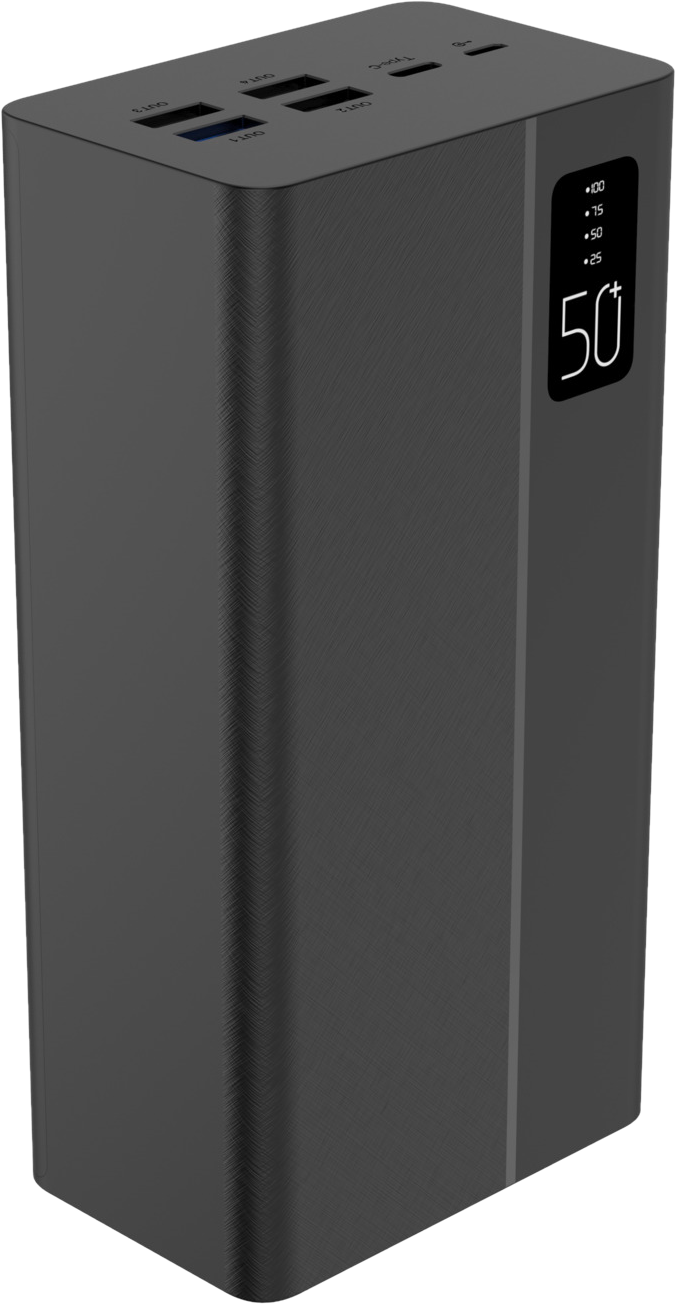 Eine dunkelgraue Powerbank mit mehreren Anschlüssen und einem Digitaldisplay, das den Akkustand anzeigt.
