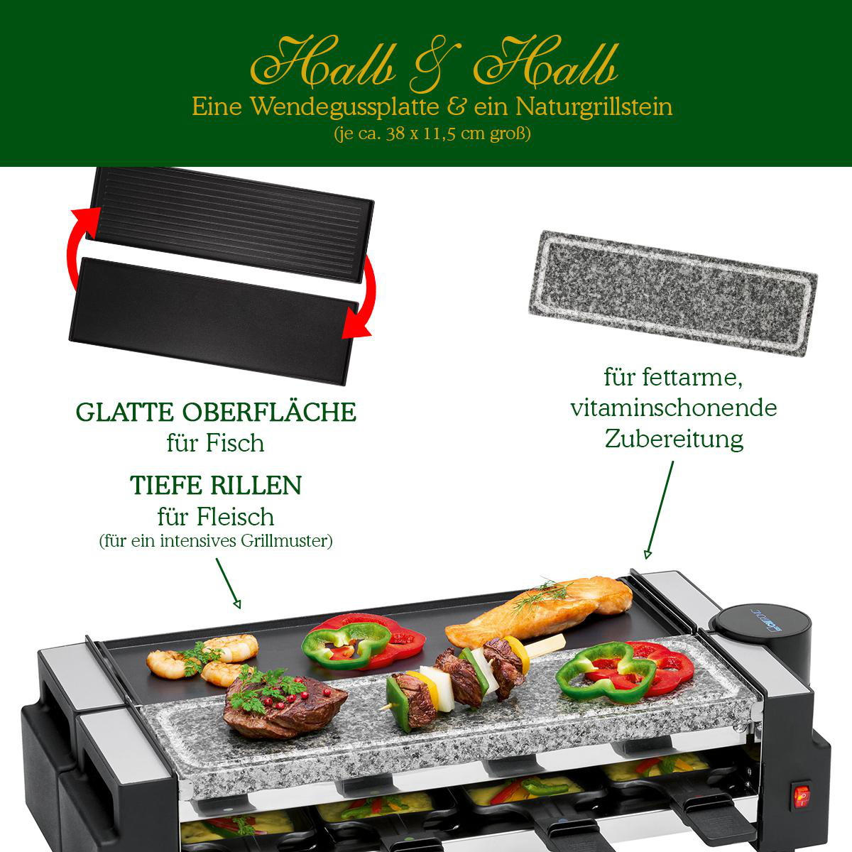 Grill mit Essen, zwei Platten, Text auf Deutsch: „Half & Half“ und anderer Text.