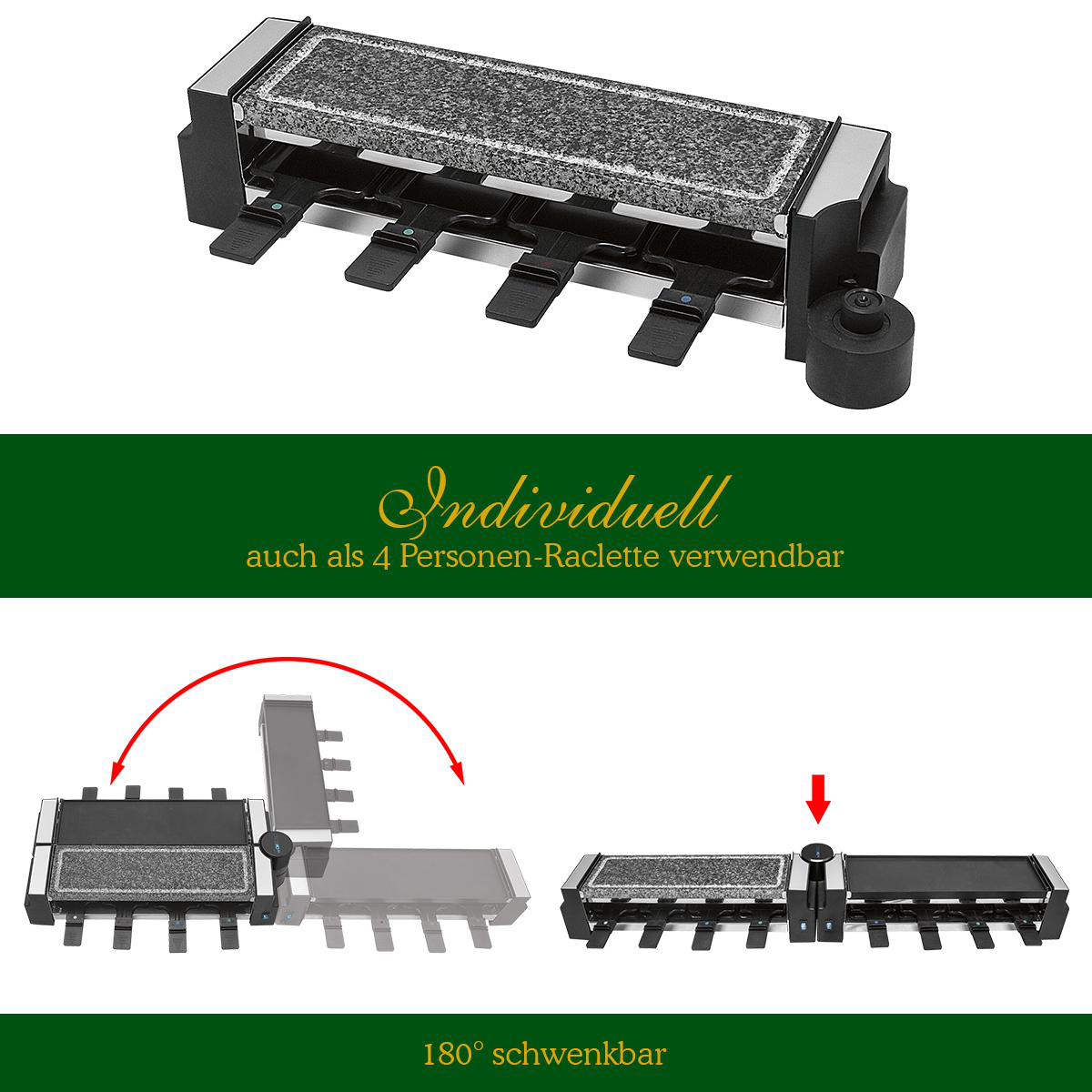 Raclette-Grill mit Steinplatte und mehreren Käseschalen, weißer Hintergrund.