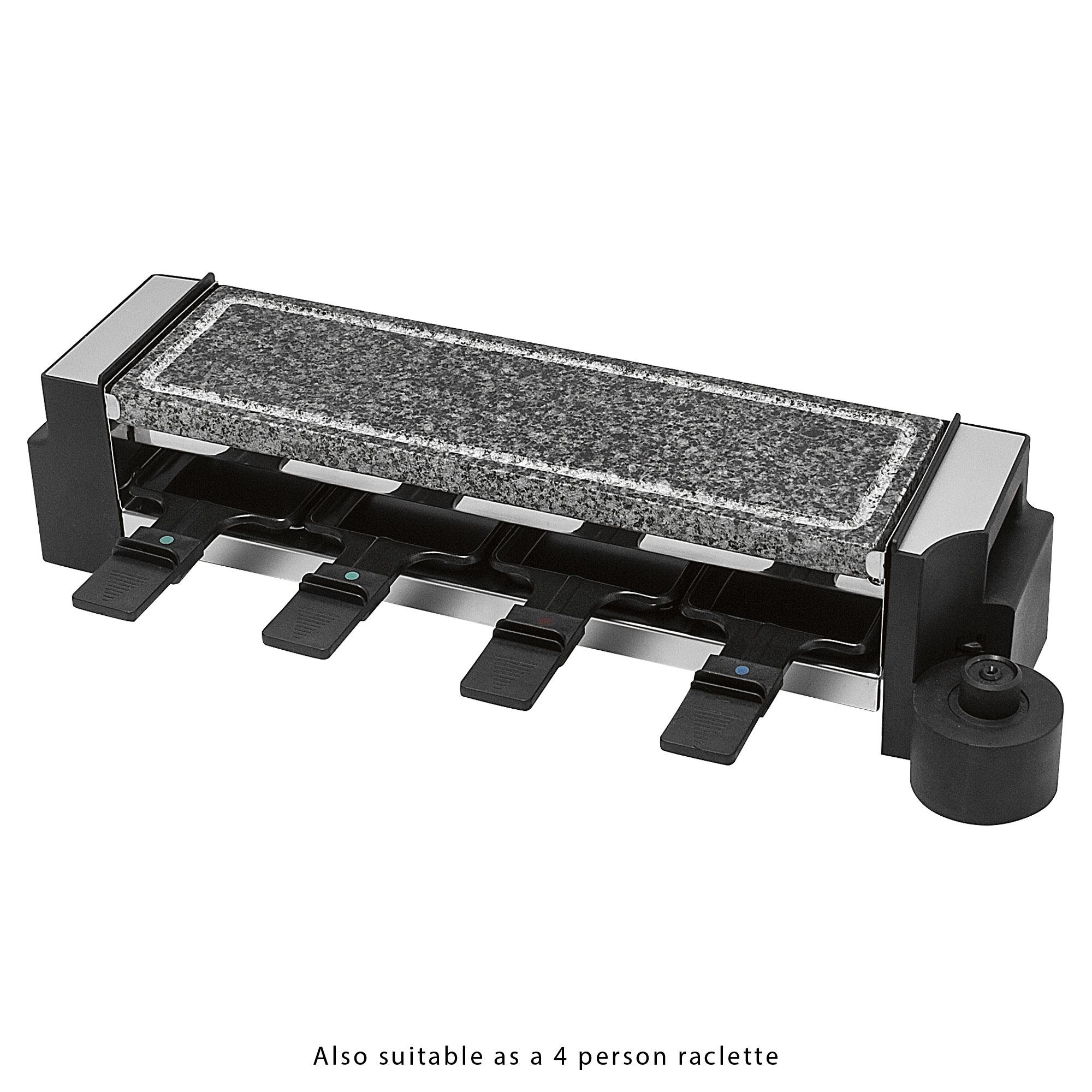 Ein Raclette-Grill mit Steinplatte und vier einzelnen Käseschalen.