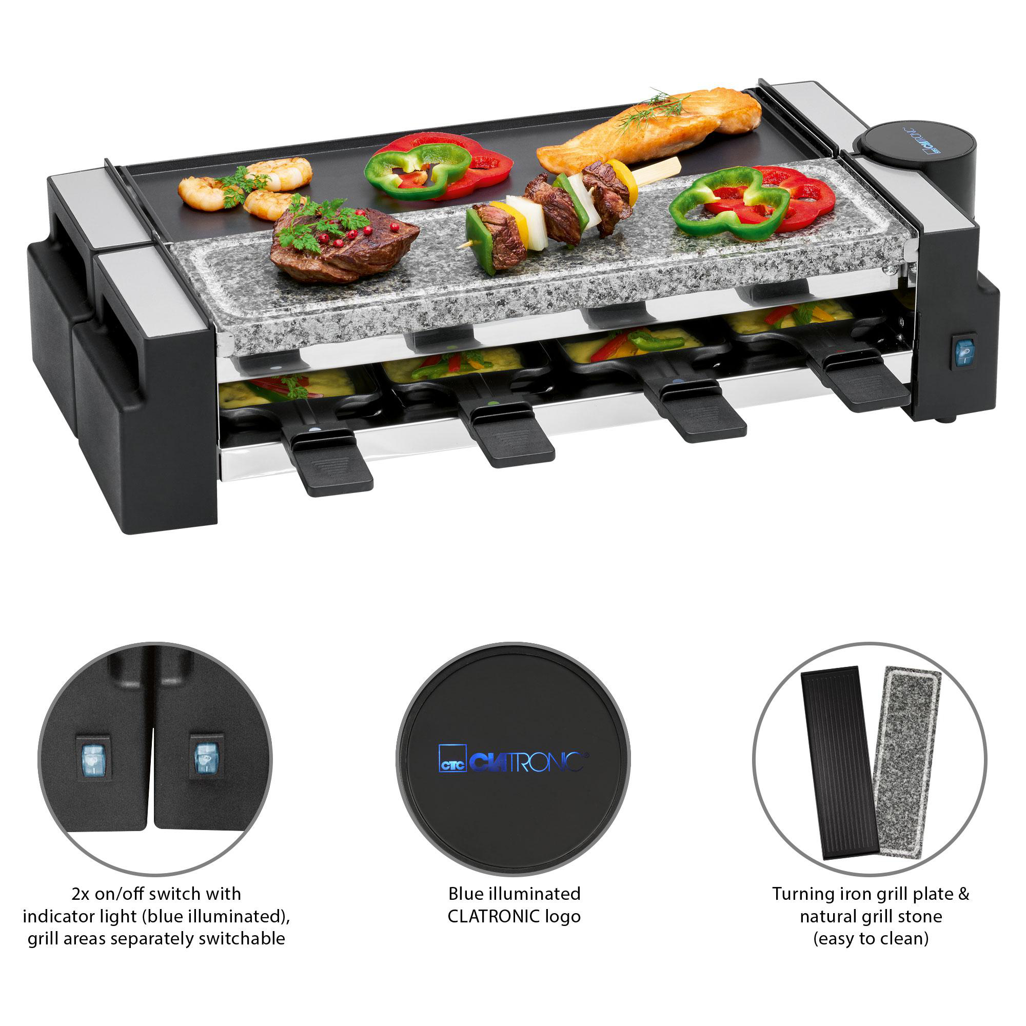 Raclette-Grill mit Essen oben. Enthält zwei Ein/Aus-Schalter, ein Logo und eine Reinigungsplatte.