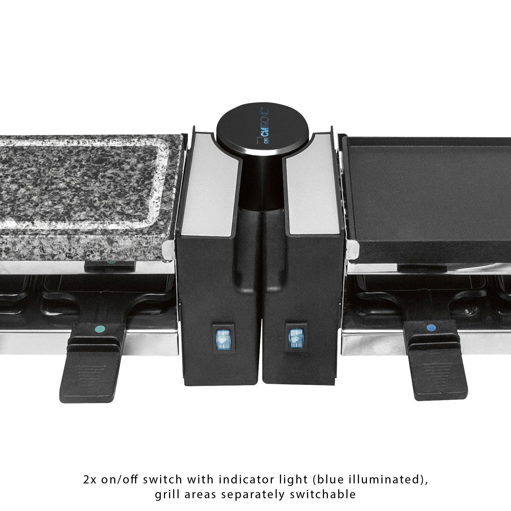 Raclette-Grill mit zwei separaten Grillflächen, schwarz und silber, mit Ein/Aus-Schaltern.