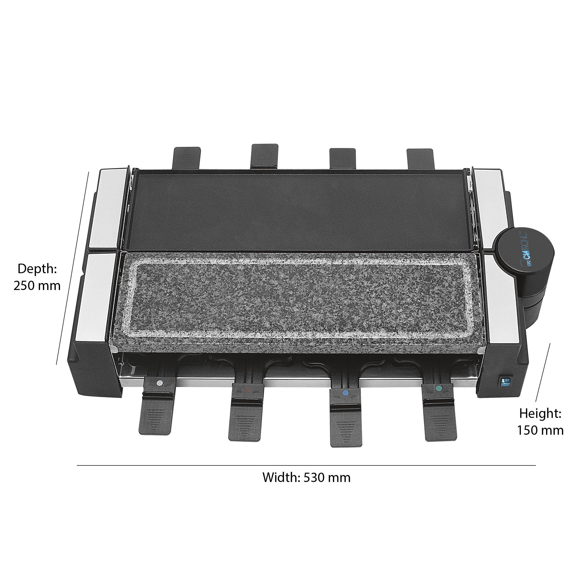 Raclette-Grill mit Maßen: Tiefe: 250 mm, Breite: 530 mm, Höhe: 150 mm.