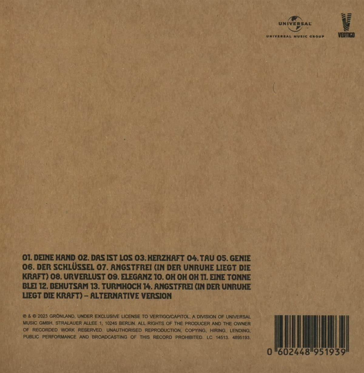 CD-Cover mit deutschem Text. Brauner Hintergrund mit Albumdetails und Barcode.