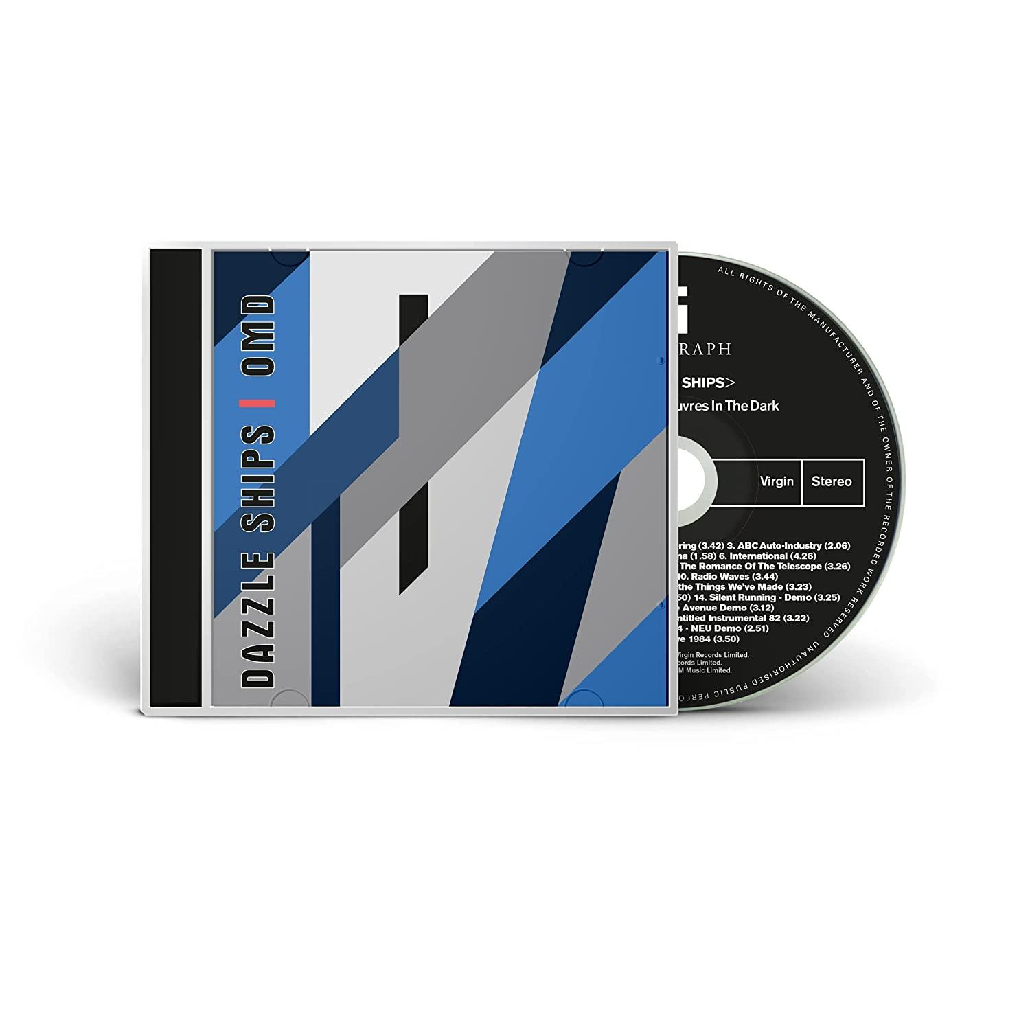 CD-Hülle mit blauem und grauem abstraktem Design. Der Text lautet 'DAZZLE SHIPS OMD'.