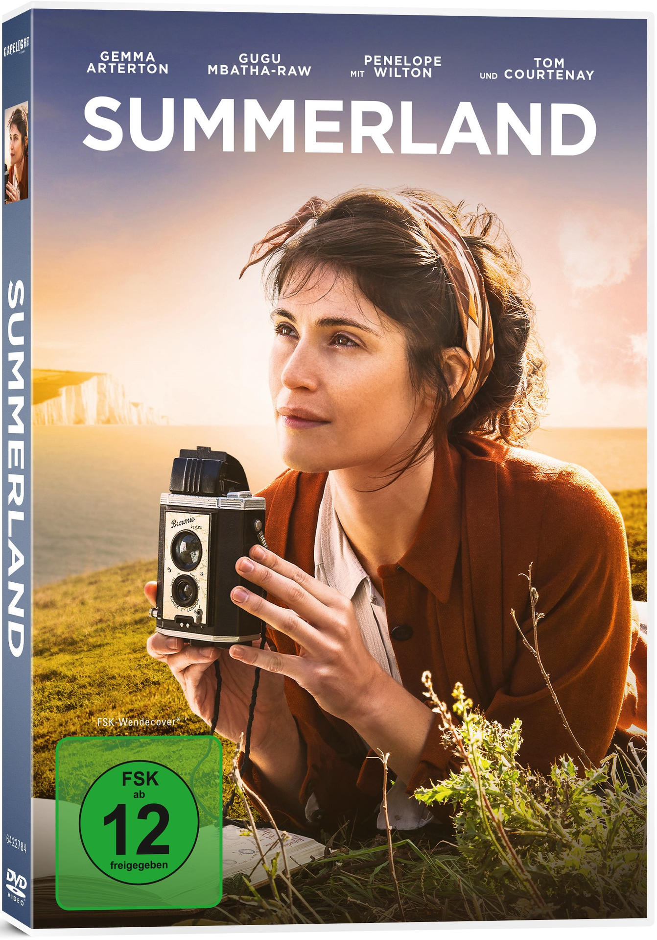 Summerland DVD-Cover. Frau hält Kamera, blickt zum Horizont. Grünes Gras und blauer Himmel.