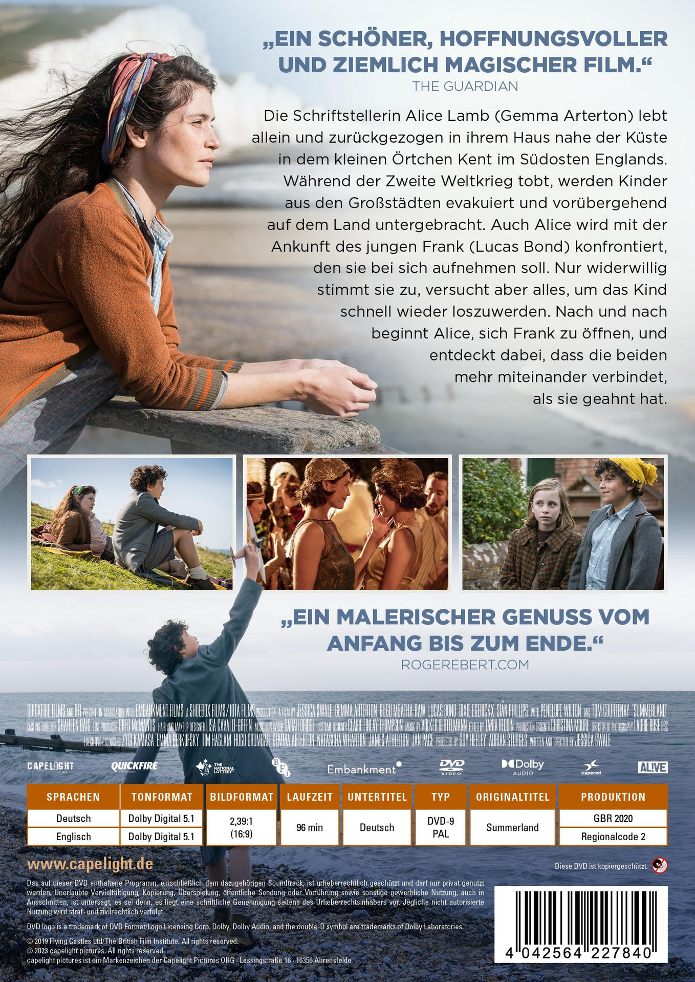 Rückseite einer DVD. Zeigt Bilder aus dem Film, Text und eine Frau, die aufs Meer blickt.